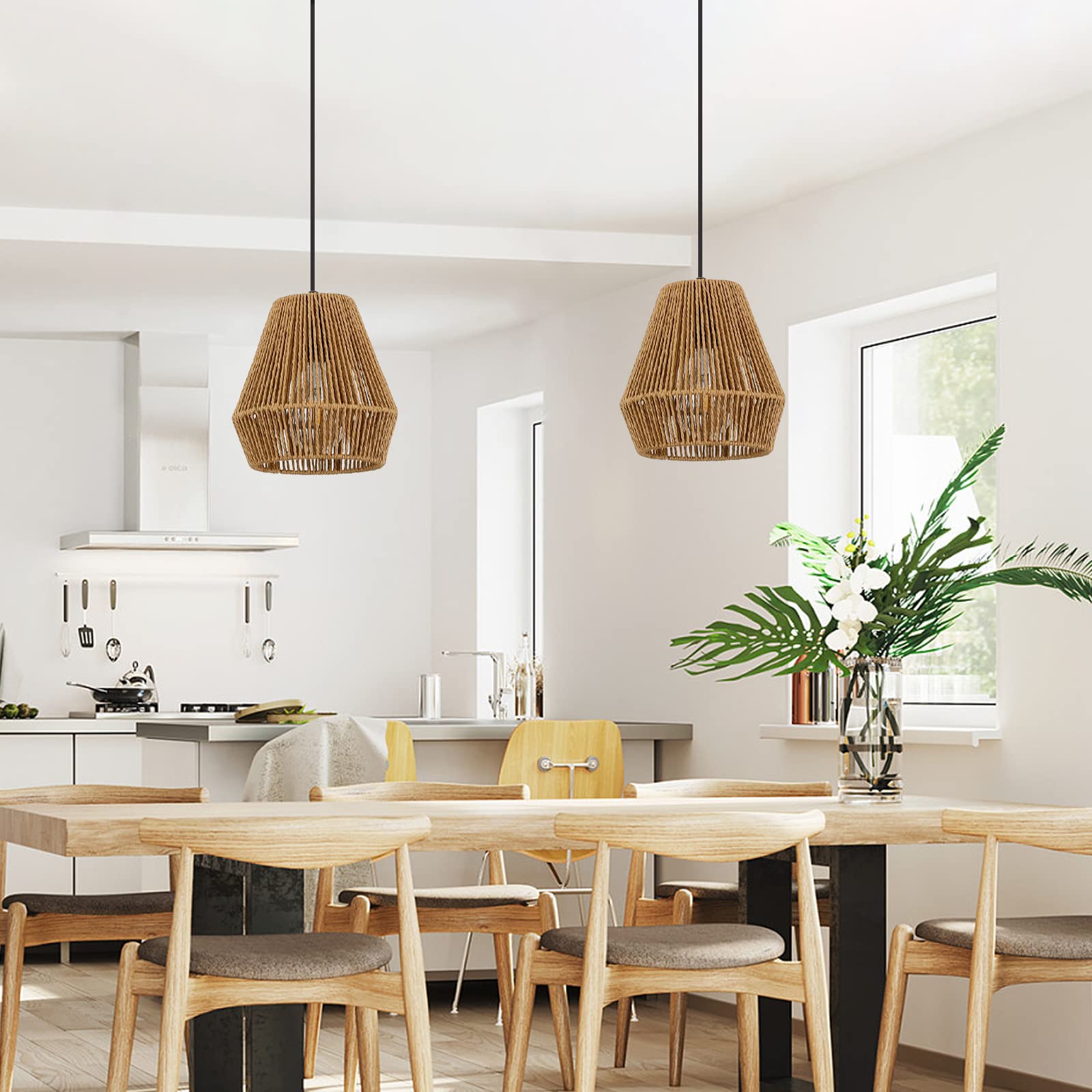 Pindodo Woven Pendant Light,7" Boho Hanging Lamp With Handwoven Rattan Lamp Shade,Coastal Farmhouse Pendant Light Fixtures For Kitchen Island Bedroom Living Room Bar Foyer Hallway,2 Pack