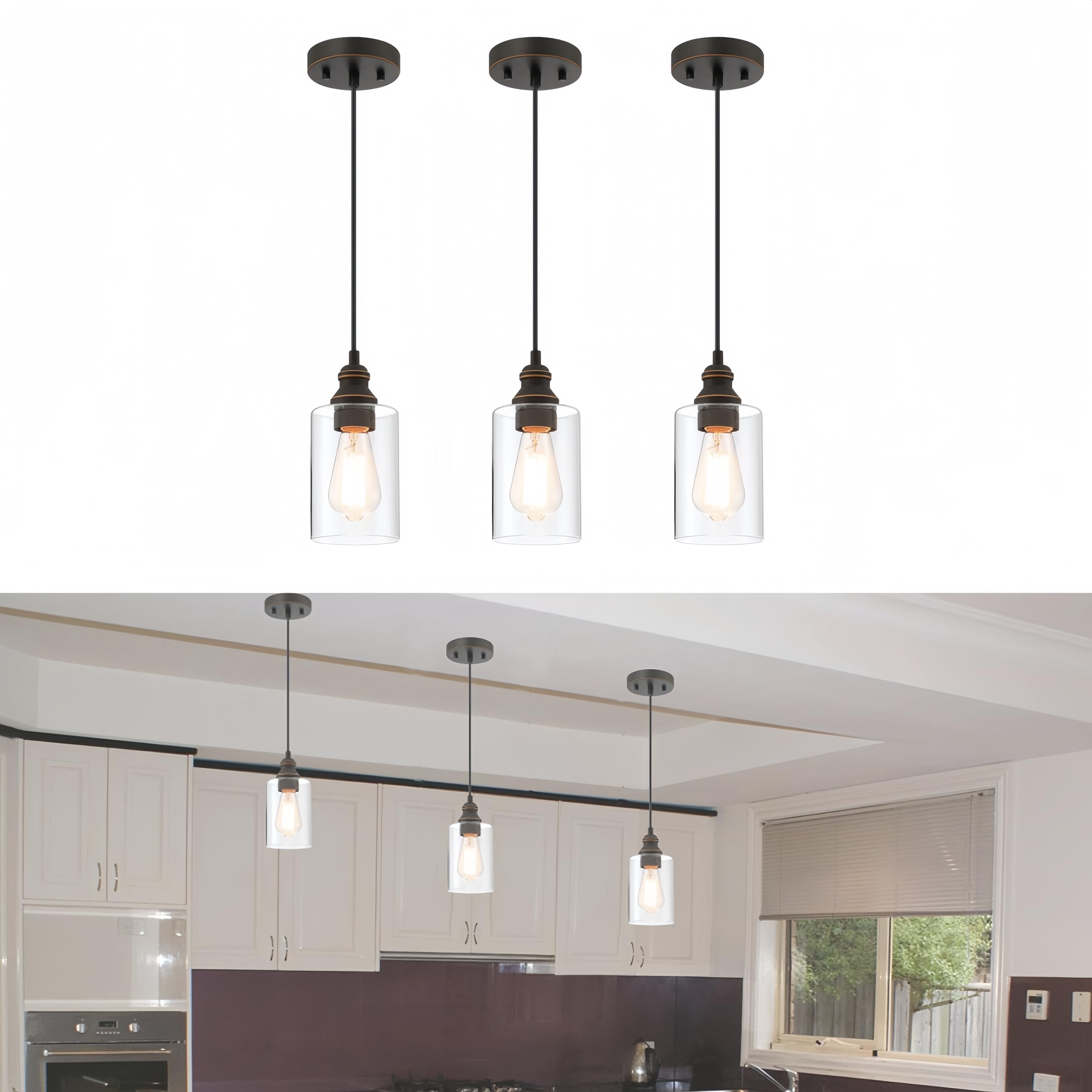 WISBEAM Pendant Lighting Fixture, Metal, Bronze, E26 Base, Max 60W, ETL Rated, 3-Pack, Model WS-PDL004
