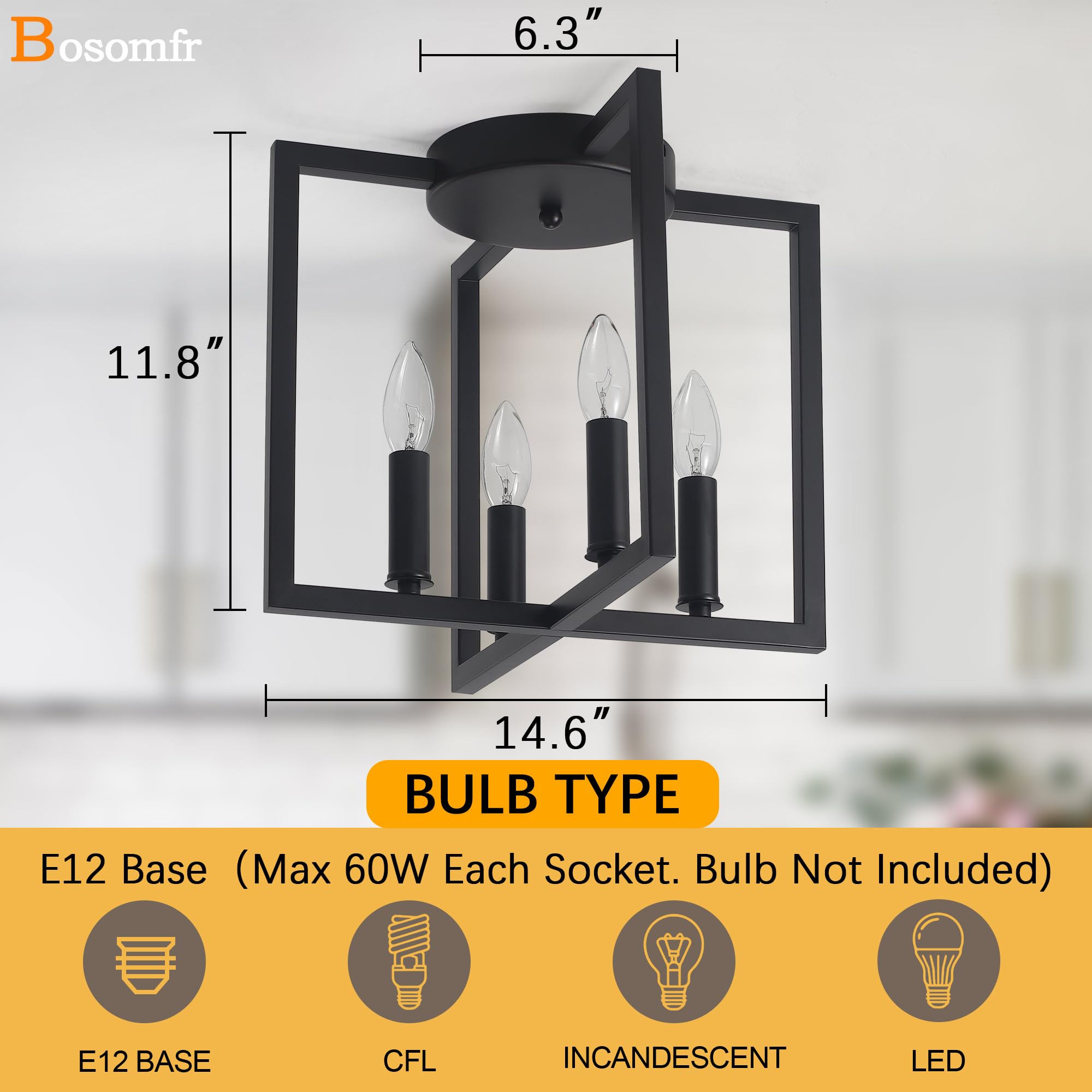 Bosomfr Semi Flush Mount 4-Light Black Ceiling Light, Modern Farmhouse Industrial Light With Geometric Metal Shade, Kitchen, Hal