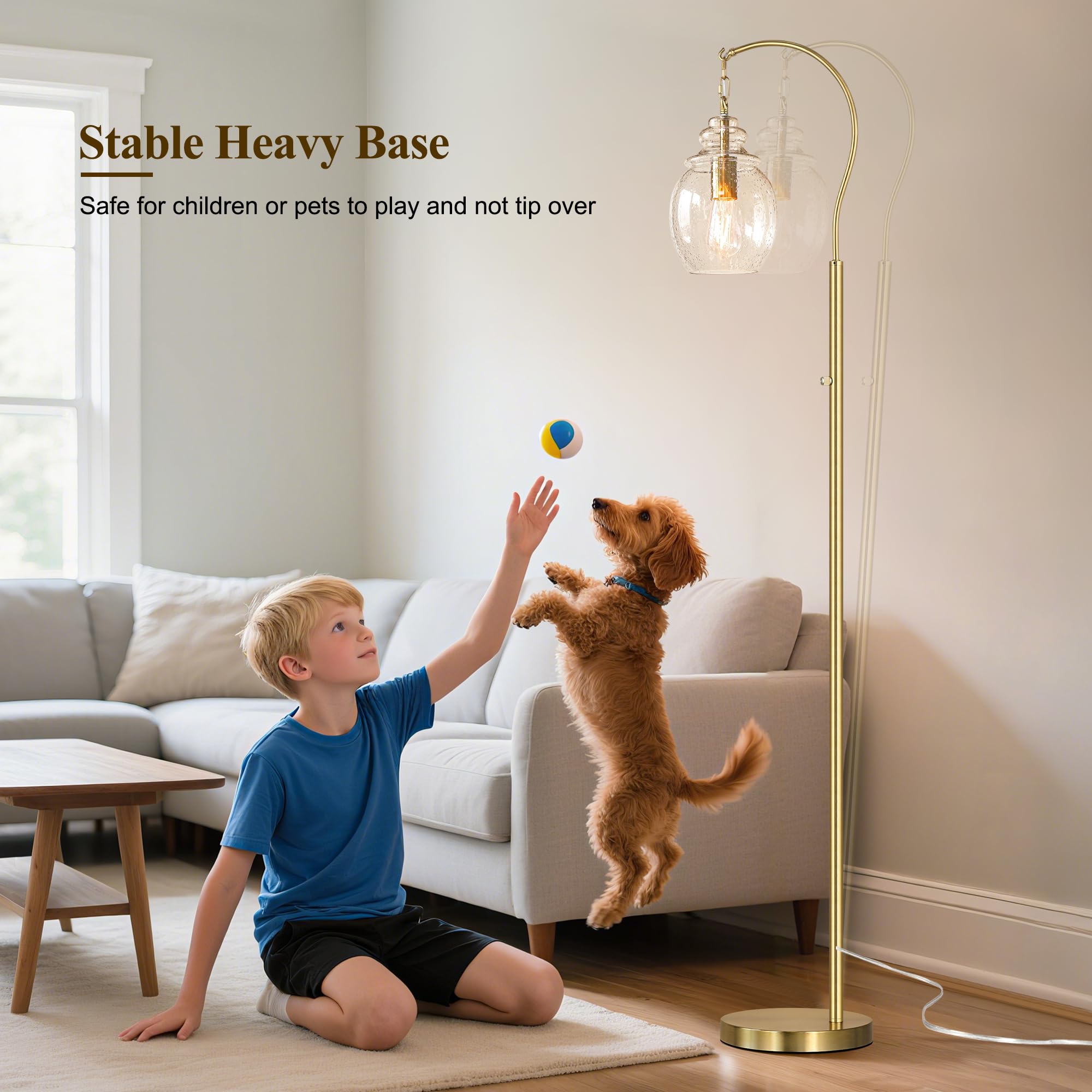 QiMH Gold Arc Floor Lamp, 70" Tall Dimmable Standing Lamp with Seeded Glass Shade, Modern Metal Design for Living Room and Bedroom