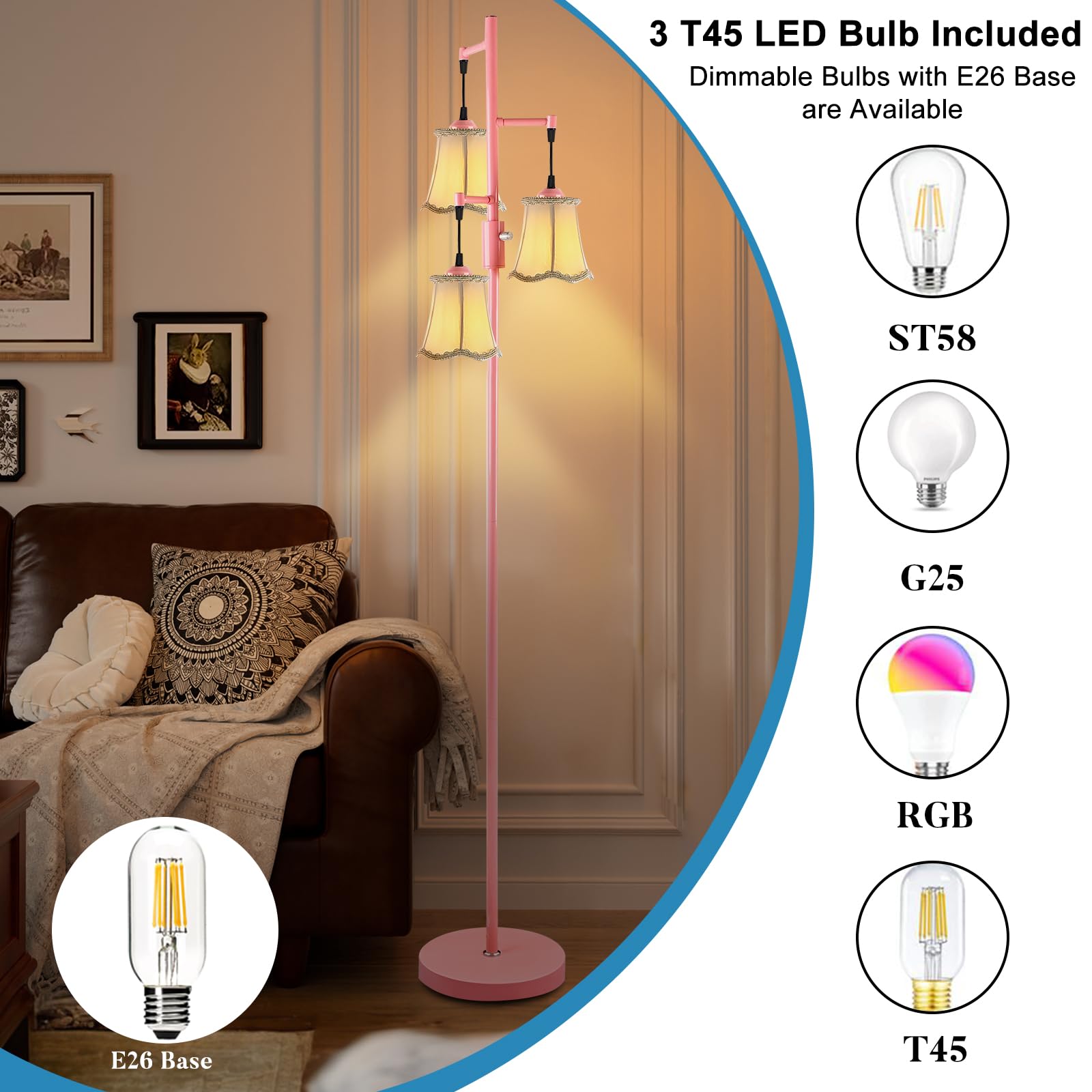 Lightdot 66'' Dimmable Floor Lamp For Living Room, Industrial 3-Light Tree Floor Lamps With Led E26 Bulbs Included, Mid Century