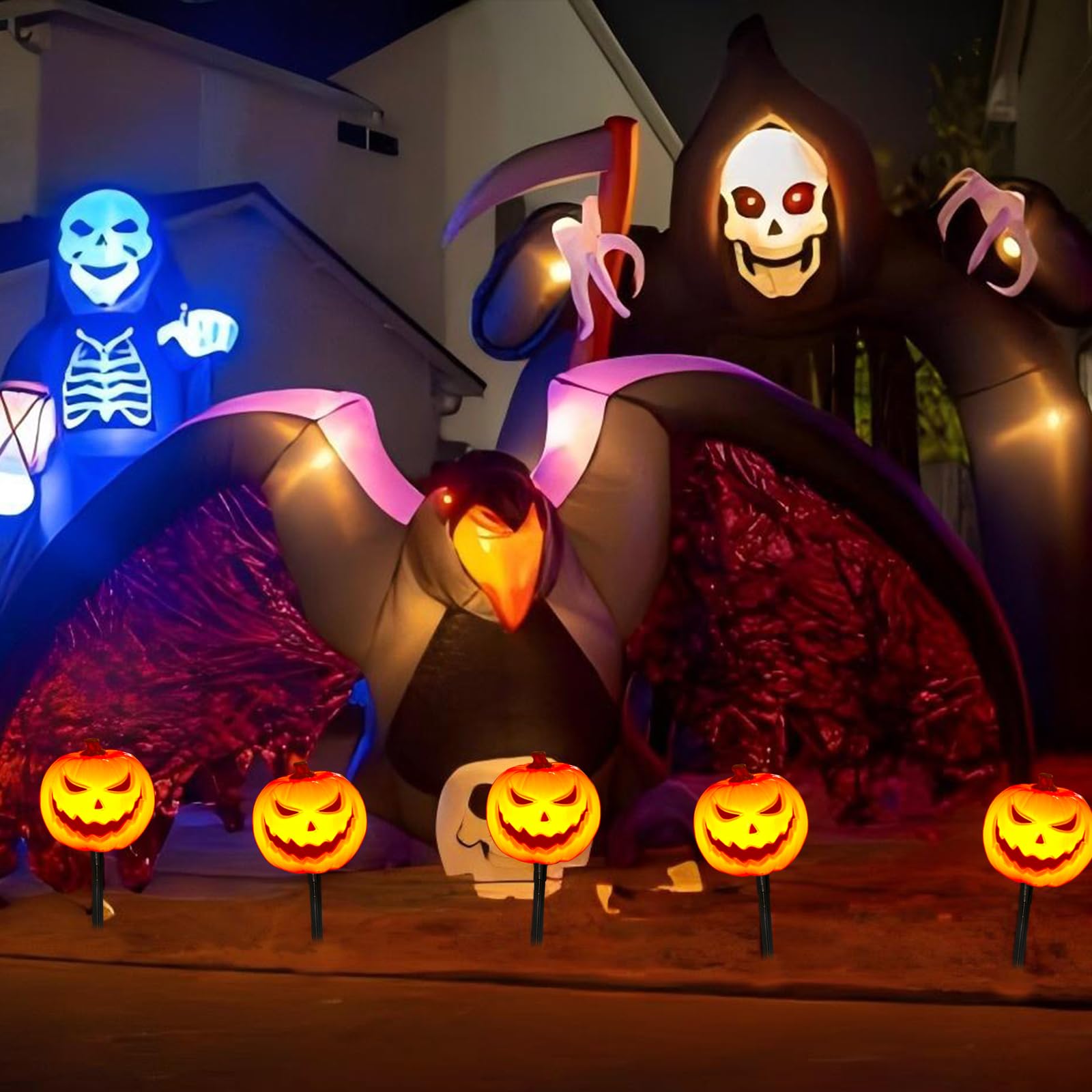 Egcol 4 Pack Halloween Smiley Pumpkin Pathway Lights, 7Ft LED Outdoor String Lights with Jack O Lantern Stakes for Garden Decor