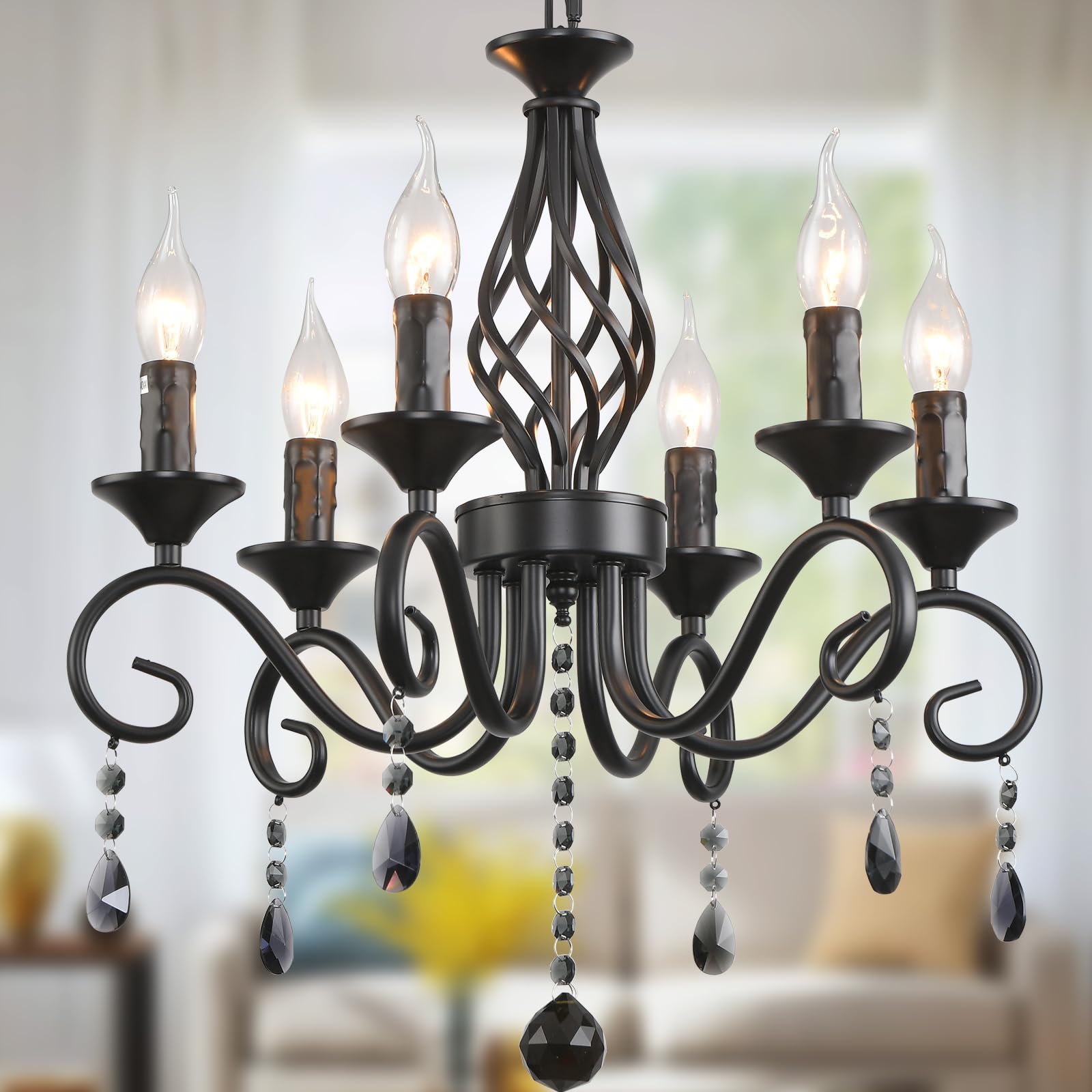 Ganeed 6-Light Farmhouse Black Crystal Candle Chandelier For Living Room, Rustic Industrial Pendant Ceiling Light Fixture, Vinta