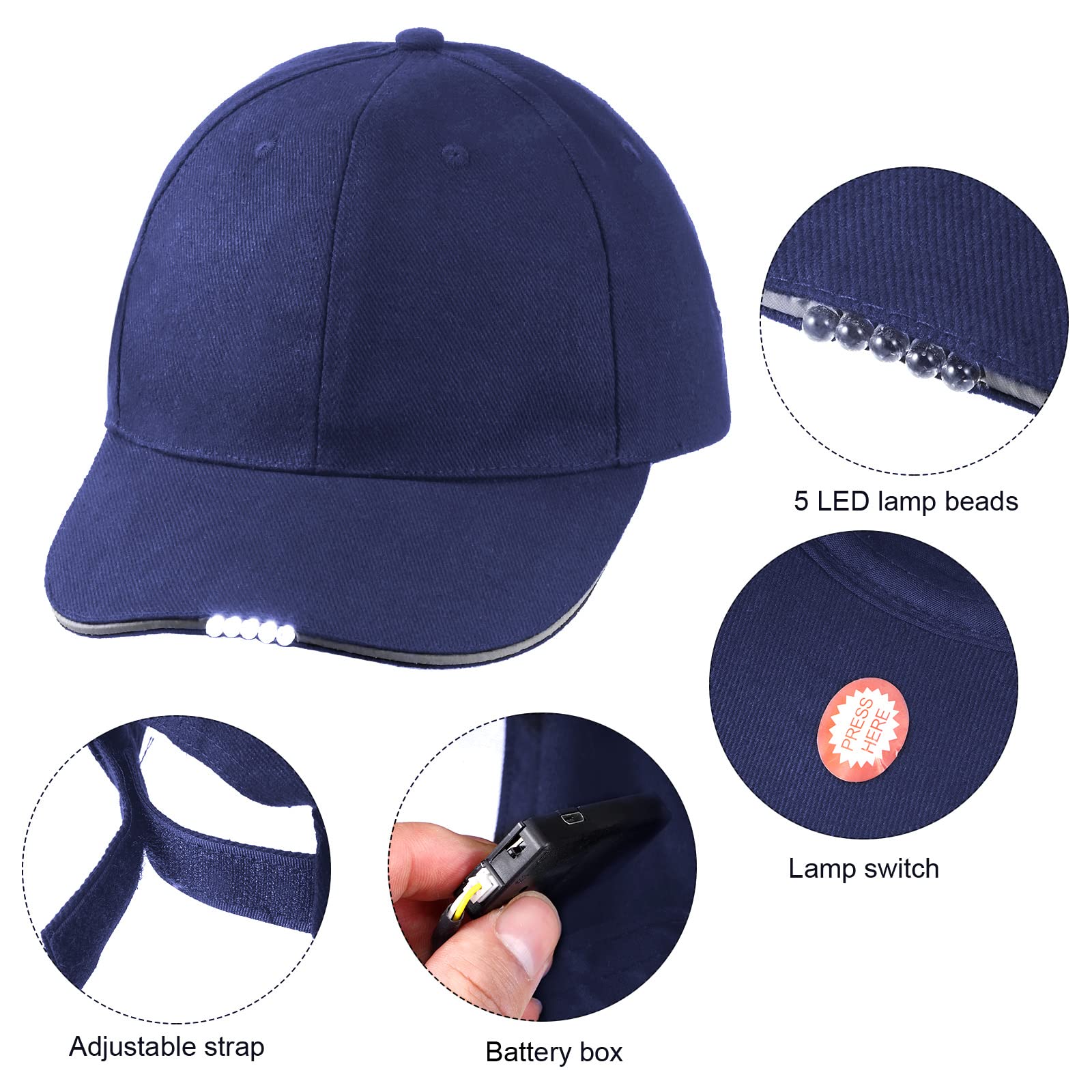 Syhood LED Baseball Cap - Hands-Free Lighted Hat for Fishing, Jogging, Camping - Cotton - Black/Navy - 2 Pieces