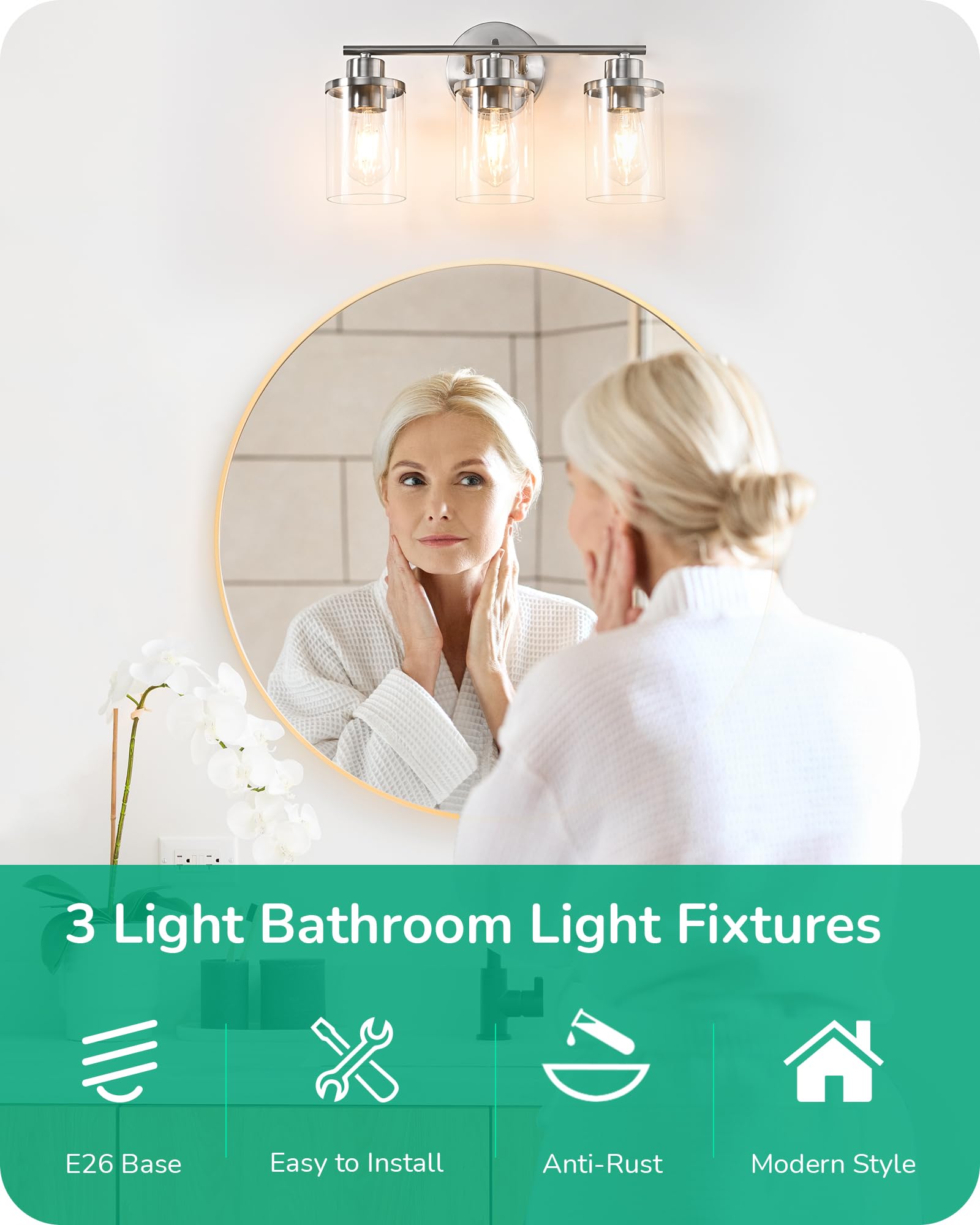 EDISHINE 3-Light Bathroom Vanity Light Fixtures, Brushed Nickel Wall Sconce with Clear Glass Shade, Model 2237cc89-9d19-445a-b022