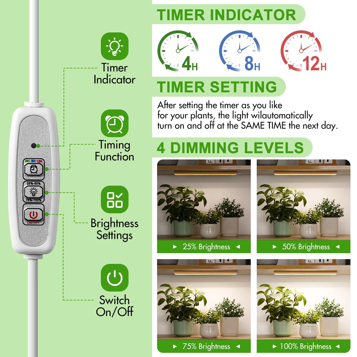 Foxgarden® Grow Light Strip, Bamboo Full Spectrum Plant Grow Light For Indoor Plants, 96 Led Bright Grow Lamp With Auto On/Off Timer 4/8/12H, 4 Dimmable Brightness, 1 Strip With 1 Controller