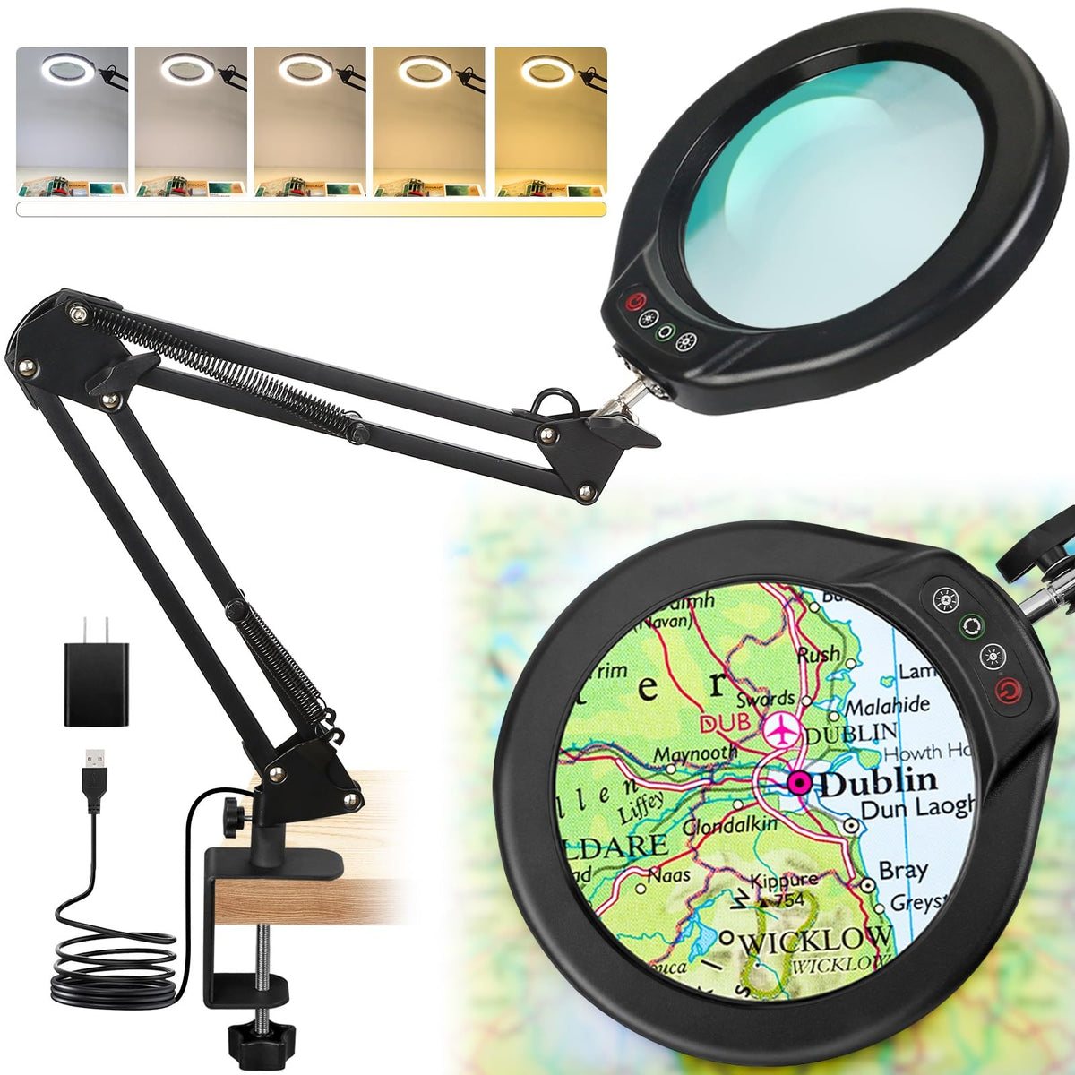 5 Inch Real Glass Magnifying Glass With Light And Clamp, 10X Led Adjustable Swivel Arm Desk Lamp, 5 Color Modes Brightness Steep