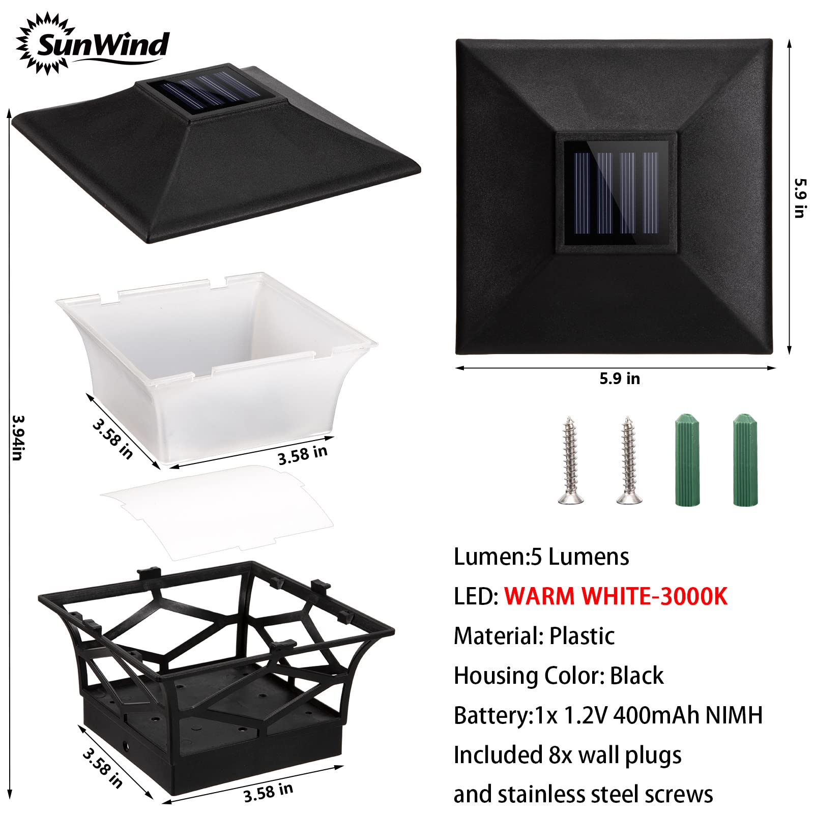 Solar Post Cap Lights Outdoor 4Pack, Waterproof Solar Powered Deck Fence Post Lights For 4X4 Wood/Vinyl Posts, Solar Outdoor Led