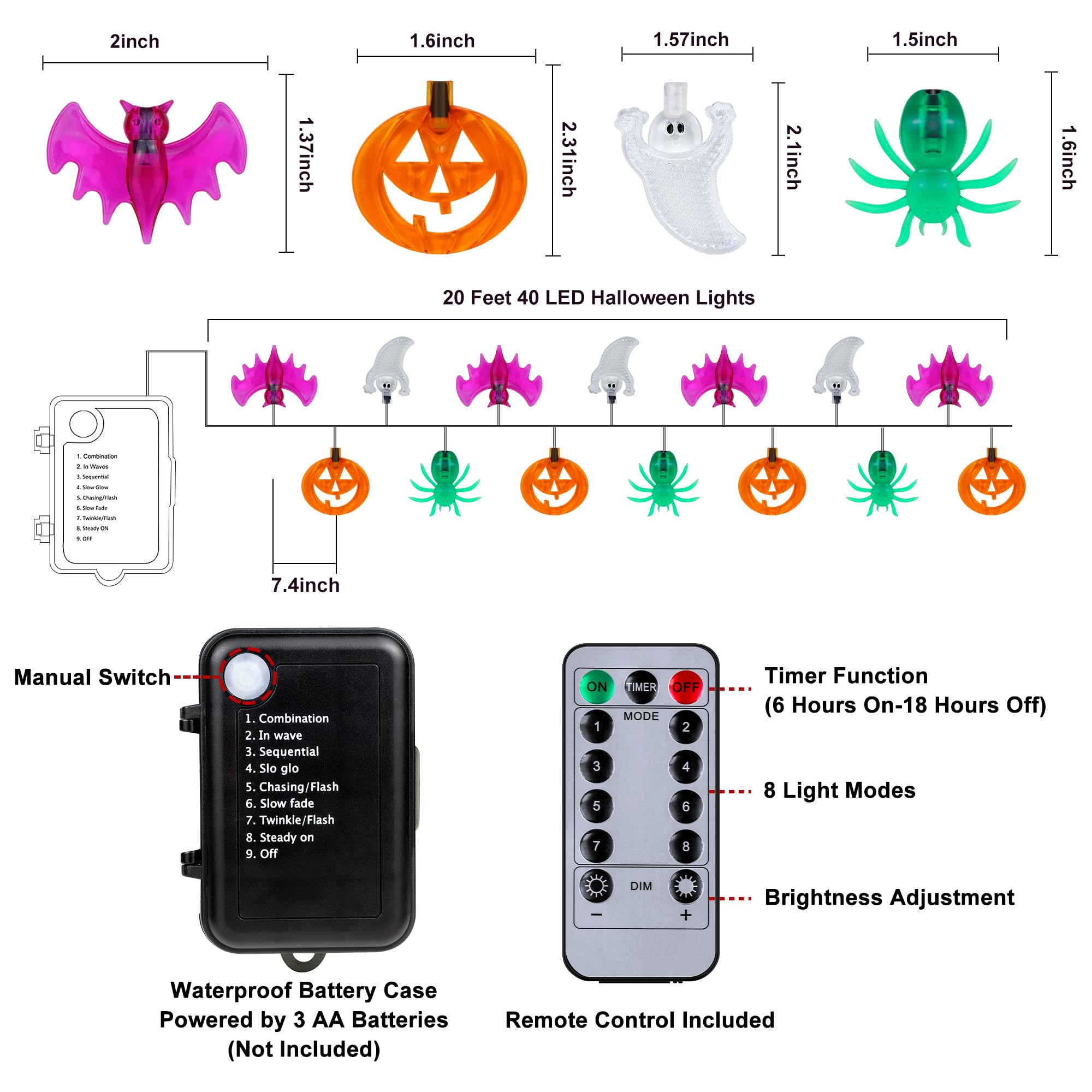 Biawoy 20Ft Halloween String Lights, 40 Led Pumpkin Bat Ghost, Timer, Waterproof, Battery Operated