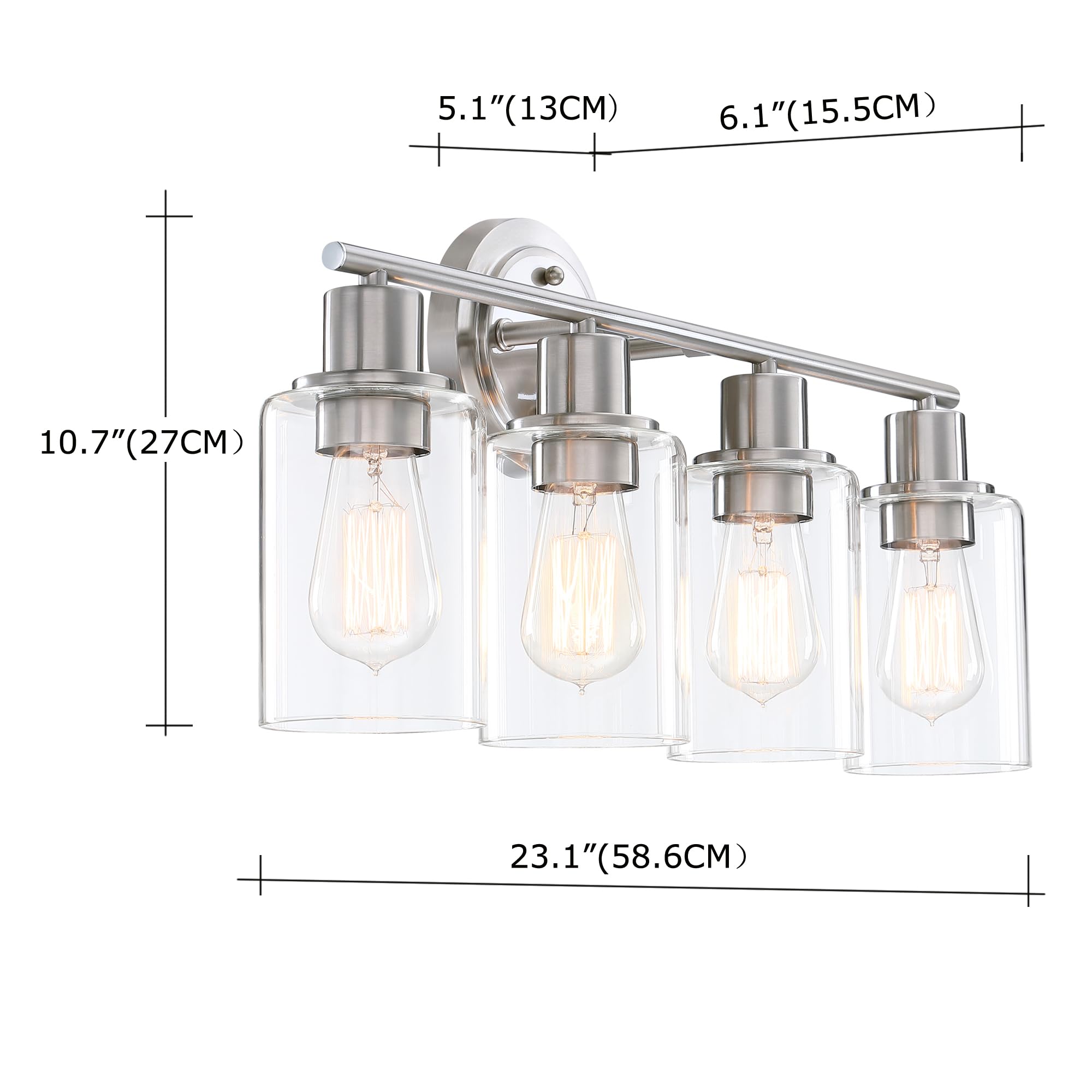 Faymart Brushed Nickel 4-Light Bathroom Vanity Light Fixture Over Mirror, Glass and Metal
