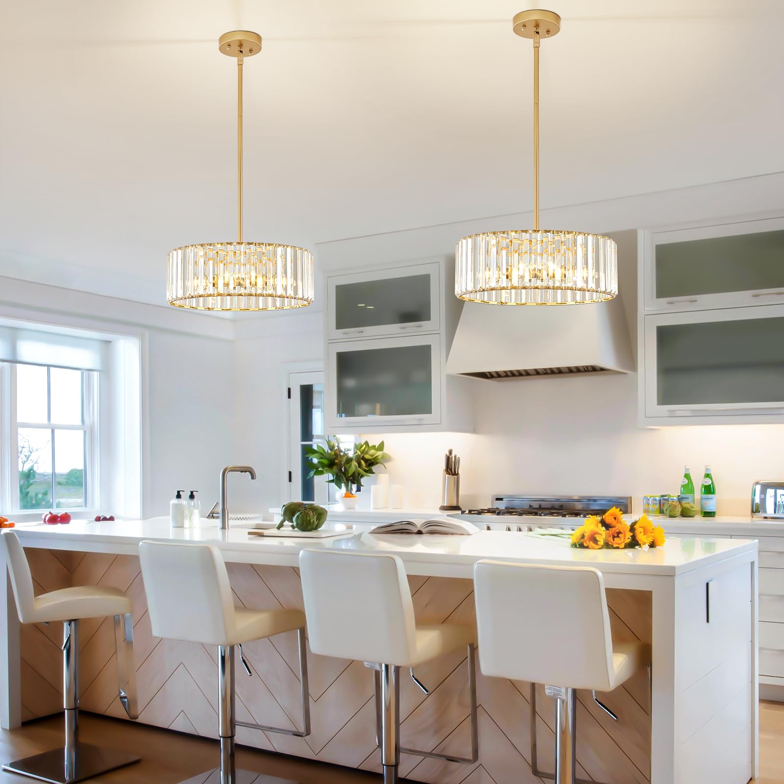Yurnyq Gold Crystal Chandelier For Dining Room, 4-Light Modern Semi Flush Mount Chandelier Lighting Fixtures, Round Kitchen Hang