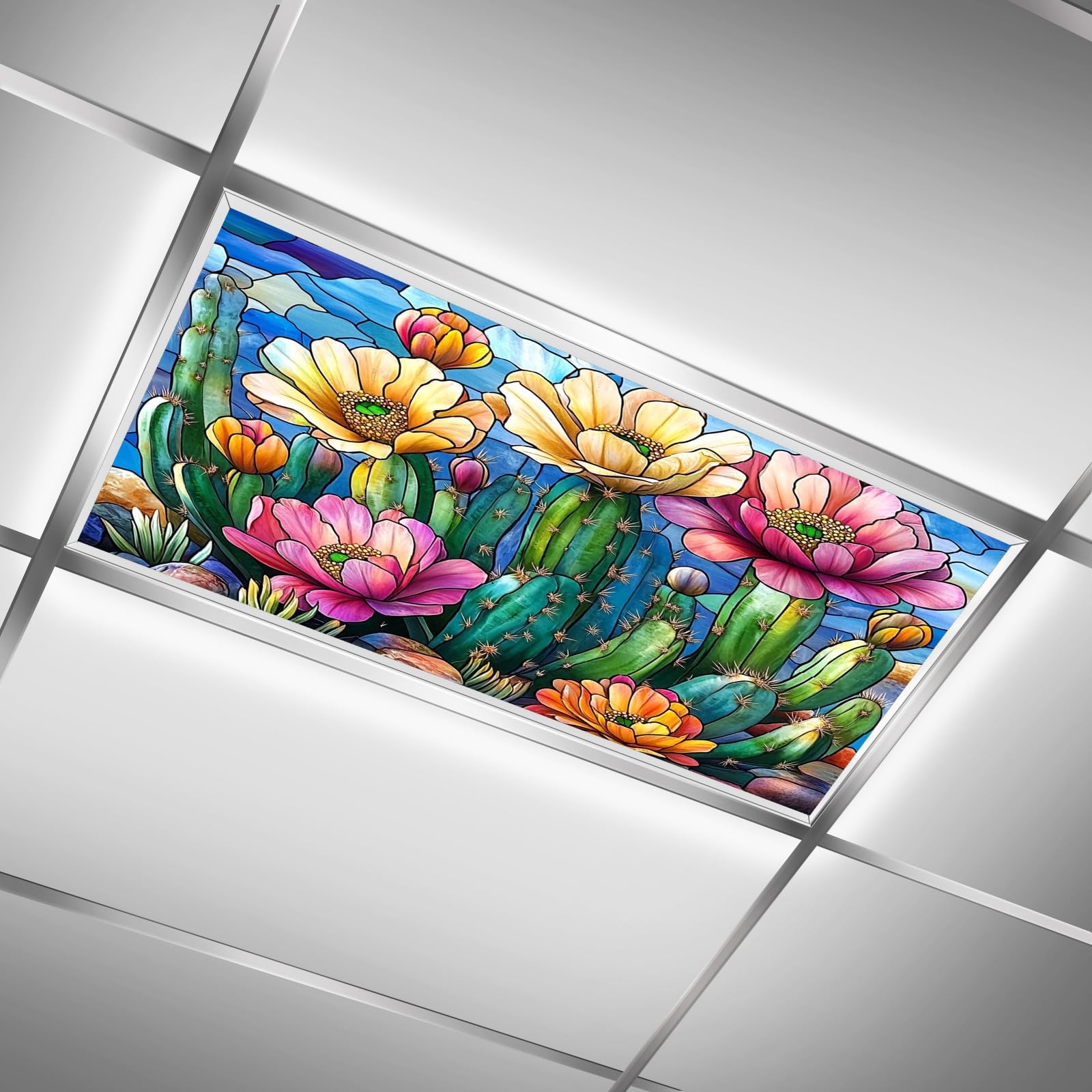 Msinmkok Stained Glass Cactus Fluorescent Light Covers For Ceiling Lights Classroom Office Decorative Drop Ceiling Light Cover F