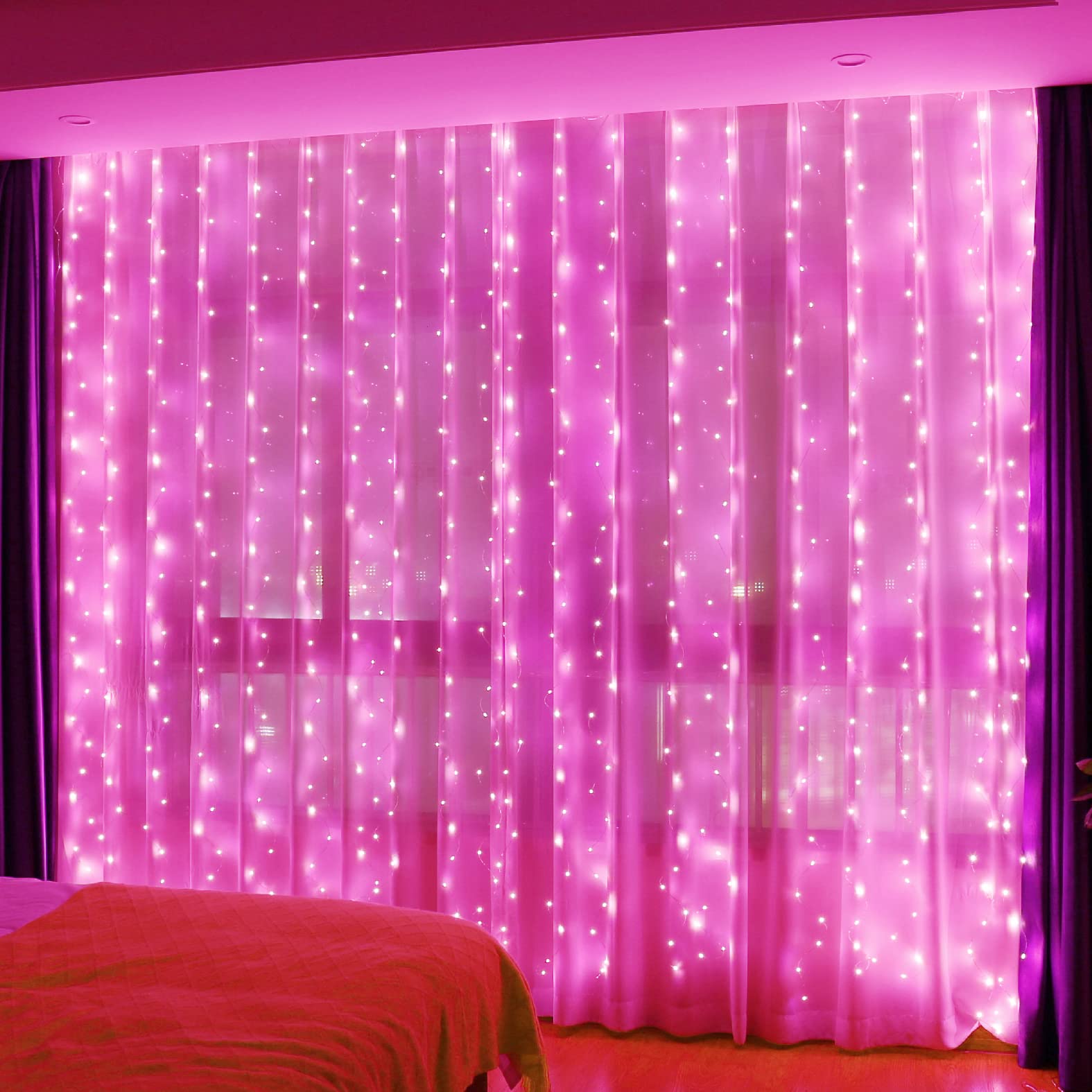 HXWEIYE Fairy Curtain Lights, 300LED, Pink, USB Plug, 9.8x9.8Ft, 8 Modes, Timer, Model HY100150-300, Suitable