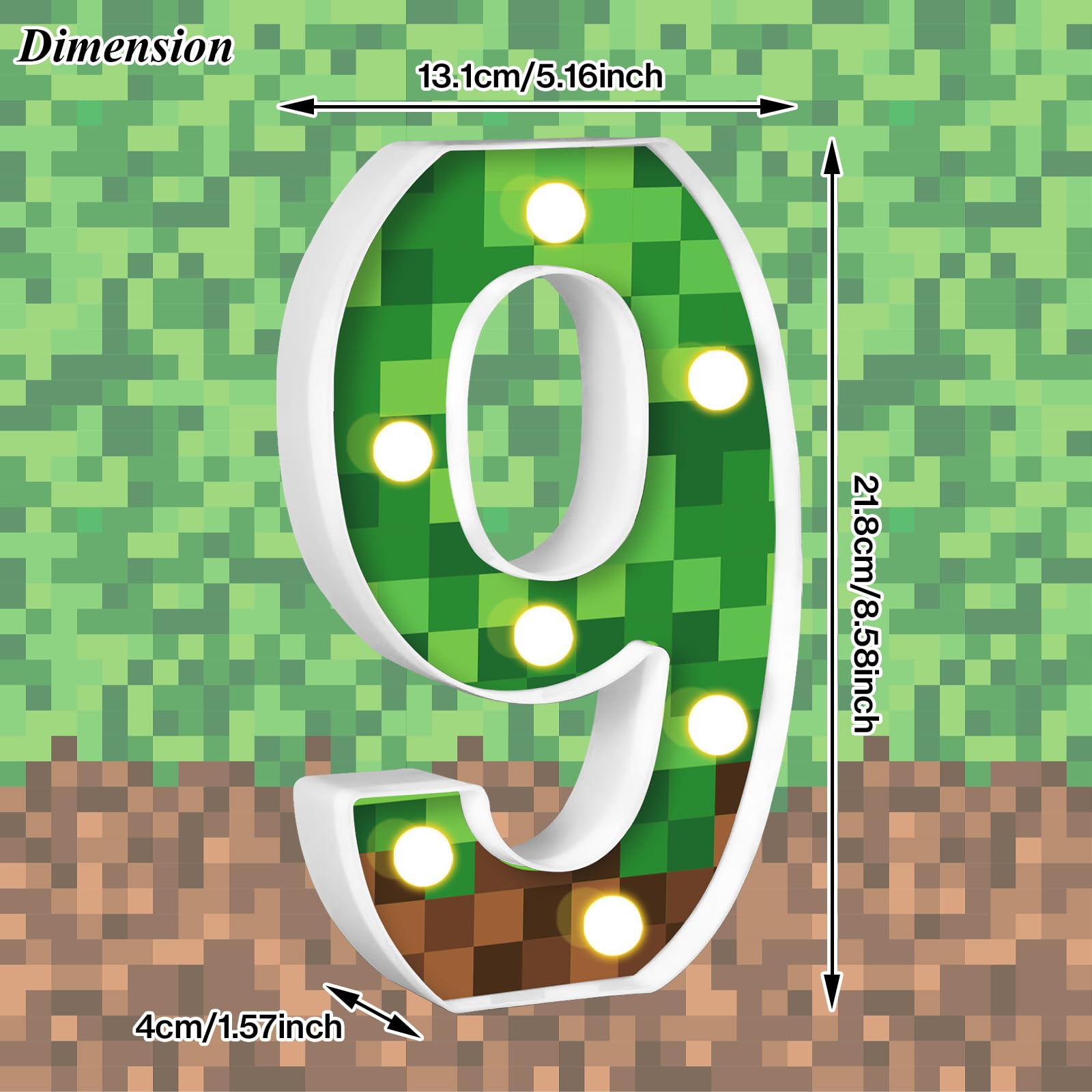 AXBMM Pixel Game Light Up Sign, Number 9, 8.5in LED Birthday Decoration, Green/Brown, Model XY-371