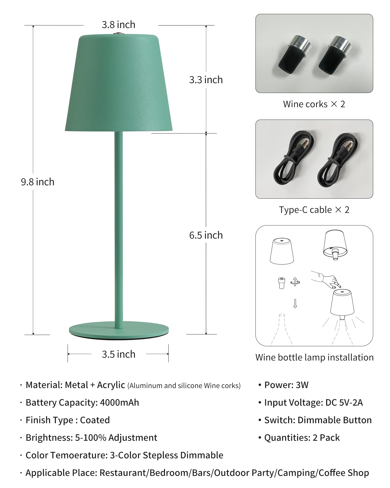 Newsee Led Wireless Bottle Lamp Shade, Rechargeable Portable Cordless Table Lamp, 3 Color Dimmable Battery Powered Desk Lamp, 50