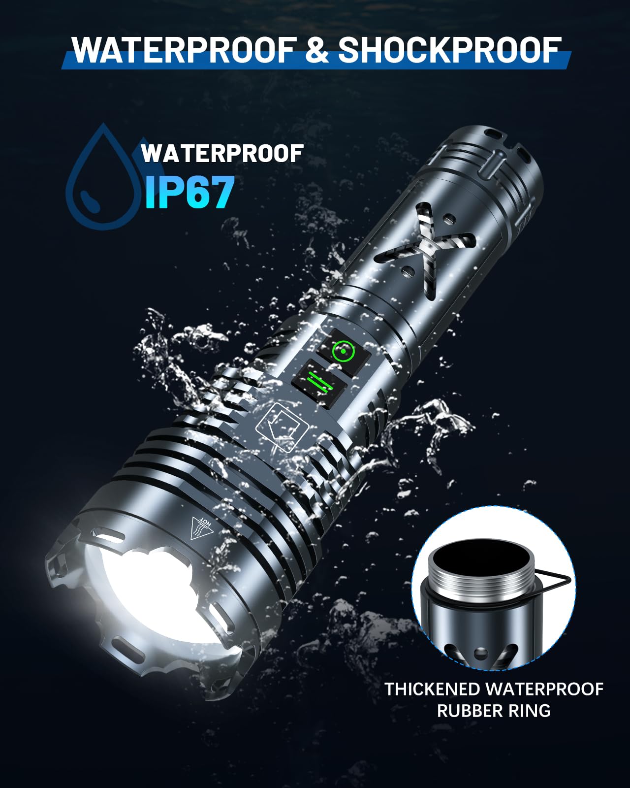Grentay Super Bright 5500 Lumens Rechargeable Flashlight - 6 Modes, Zoomable, Gray, Model FH-Grentay-XHP160-B