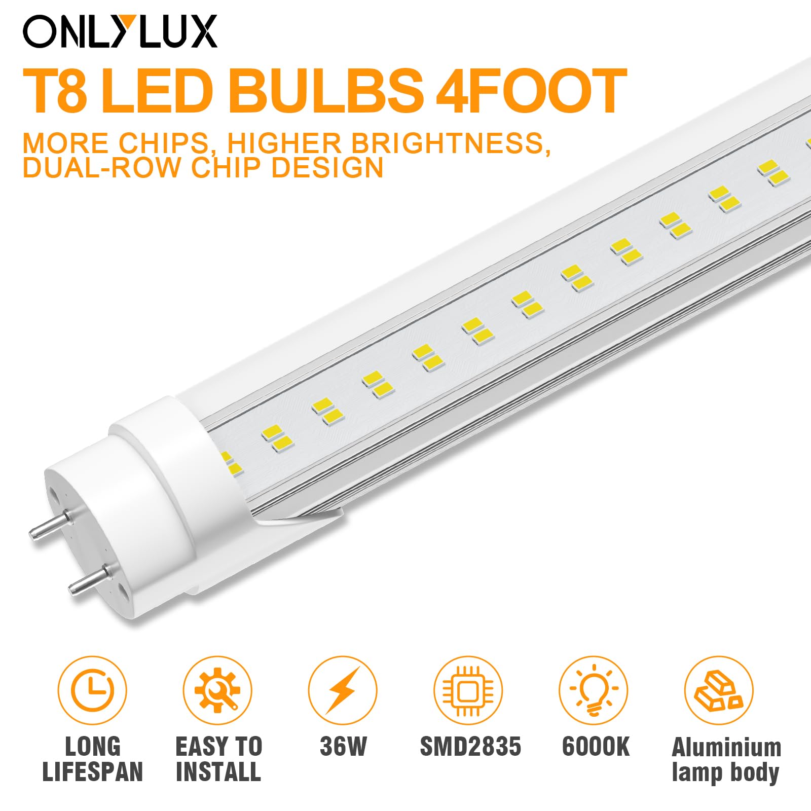 Onlylux 50 Pack T8 Bulbs 4 Foot 6500K Daylight, 5000Lumens, 36W, 4Ft Led Bulbs Ballast Bypass Type B Dual-End Powered, 4Ft Led T