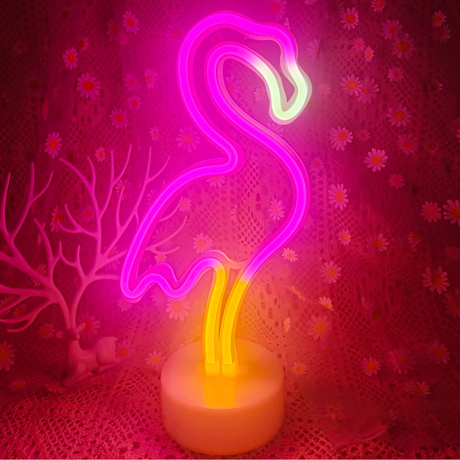 VIFULIN Pink Flamingo LED Neon Light Sign - USB/Battery Operated Night Light for Bedroom, 12.6inx5.9in, Multicolored, Model QDJZNHD.Z033