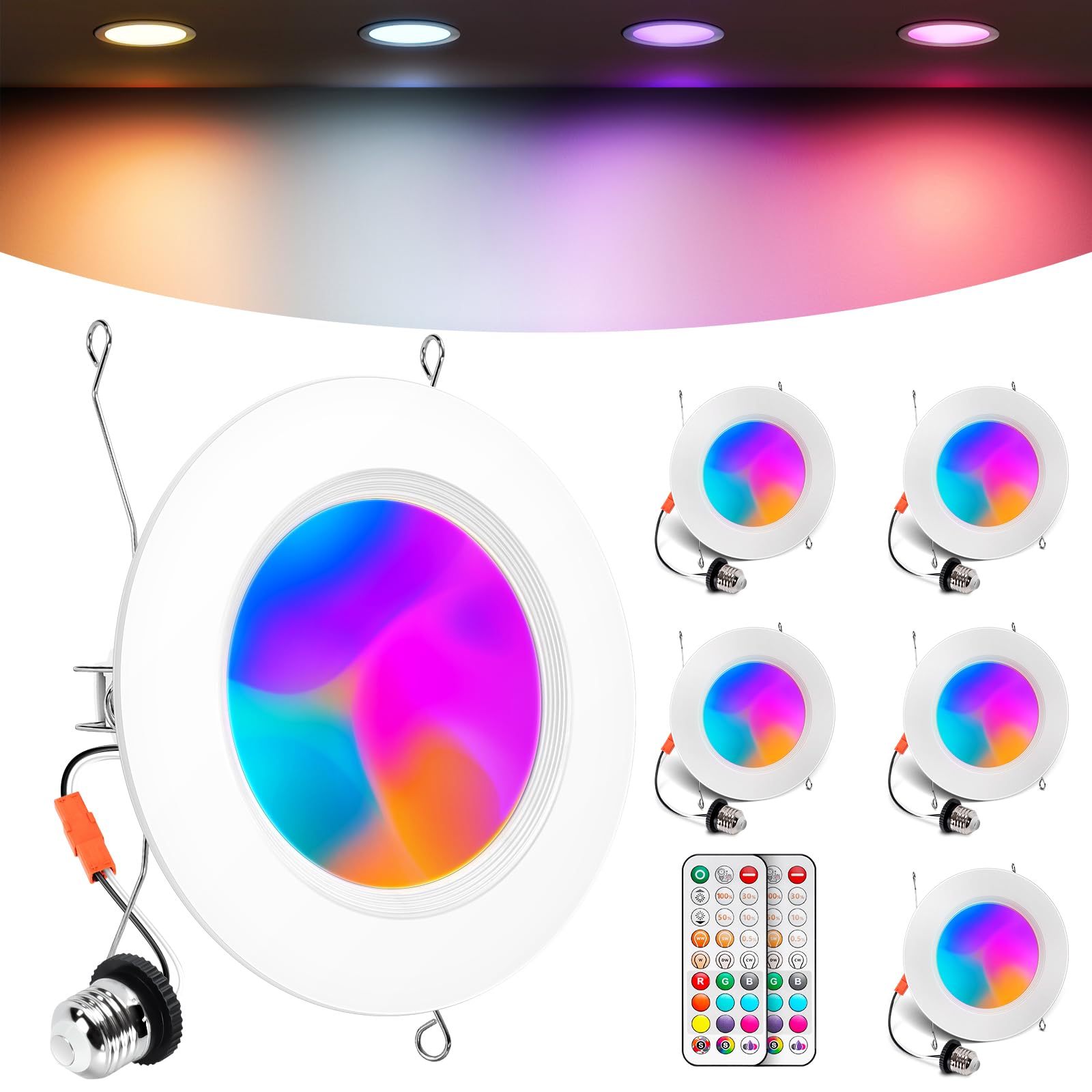 VARICART 6 Inch Recessed Lighting, RGBCW E26 Can Lights, 13W 1300LM, Dimmable, Metal, 6 Pack