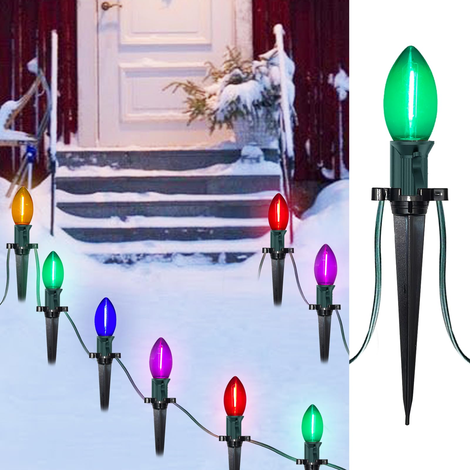 C9 LED Christmas Pathway Lights 38 Feet Outdoor String Lights with Marker Stakes  25 LED Clear Multicolor Connectable Christmas Walkway Markers Lights for Outside Porch Garden Patio Lawn Decor