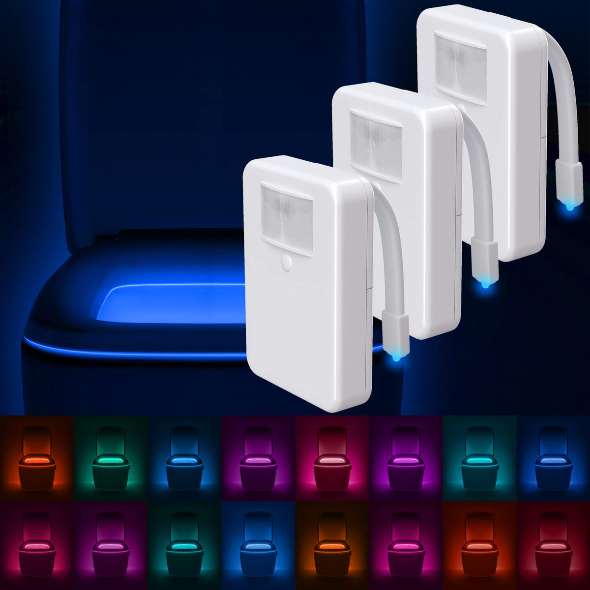 LumiLux Toilet Light with Motion Detection Sensor - 16-color LED Bathroom Toilet Bowl Light (White), 3 Pack