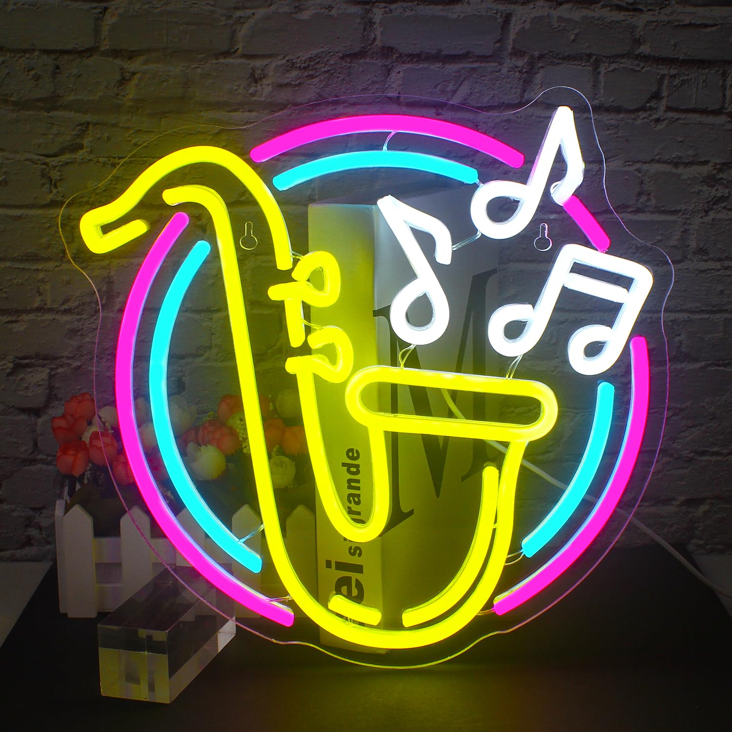 FAXFSIGN Neon Saxophone Sign - Colorful Acrylic Wall Decor for Jazz Music, 12.6in x 12.2in, Ideal for Bedroom and Party Decorations