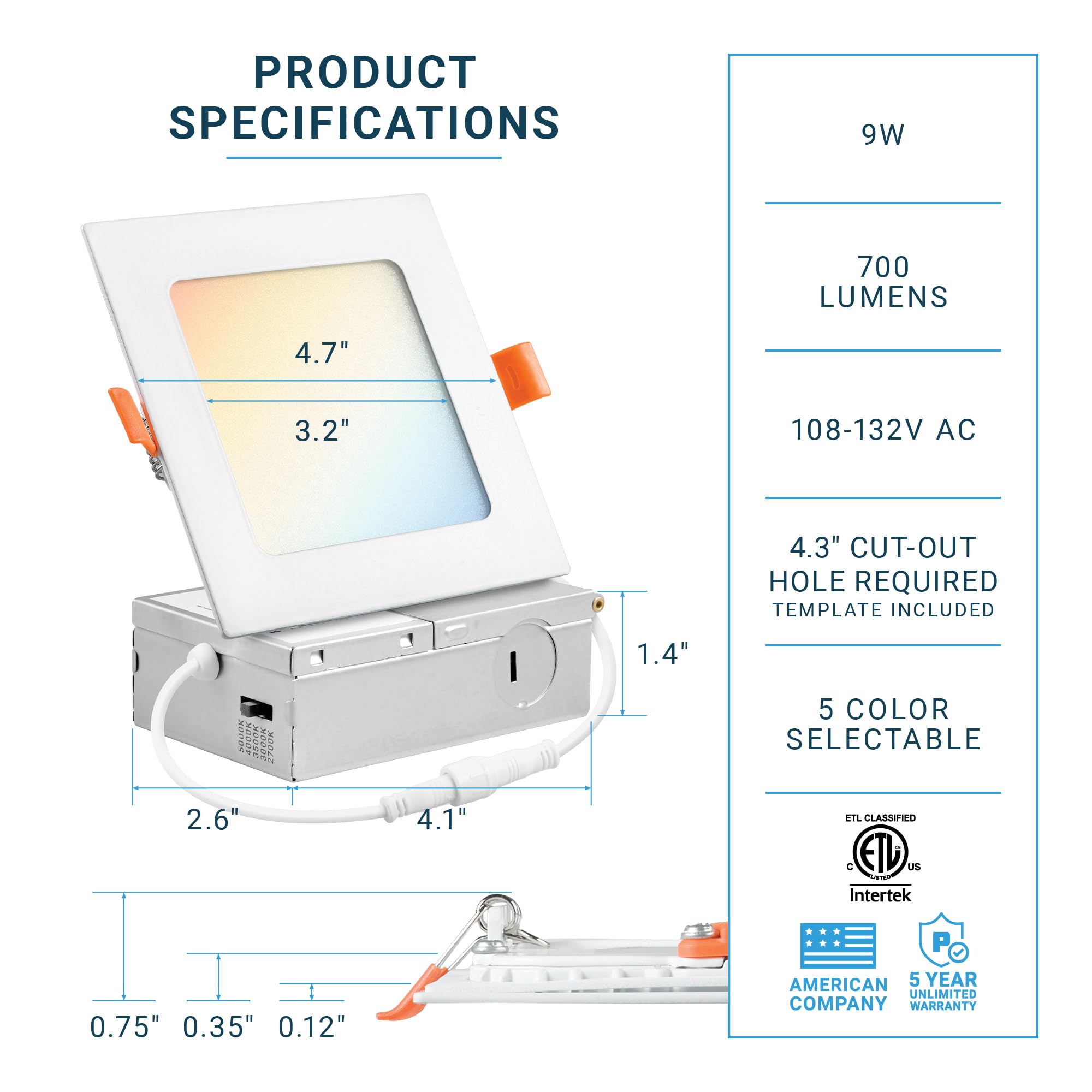 Parmida (12 Pack) 4 Inch Square 5Cct Ultra Thin Led Recessed Lighting With Junction Box, 2700K/3000K/3500K/4000K/5000K 5 Color S