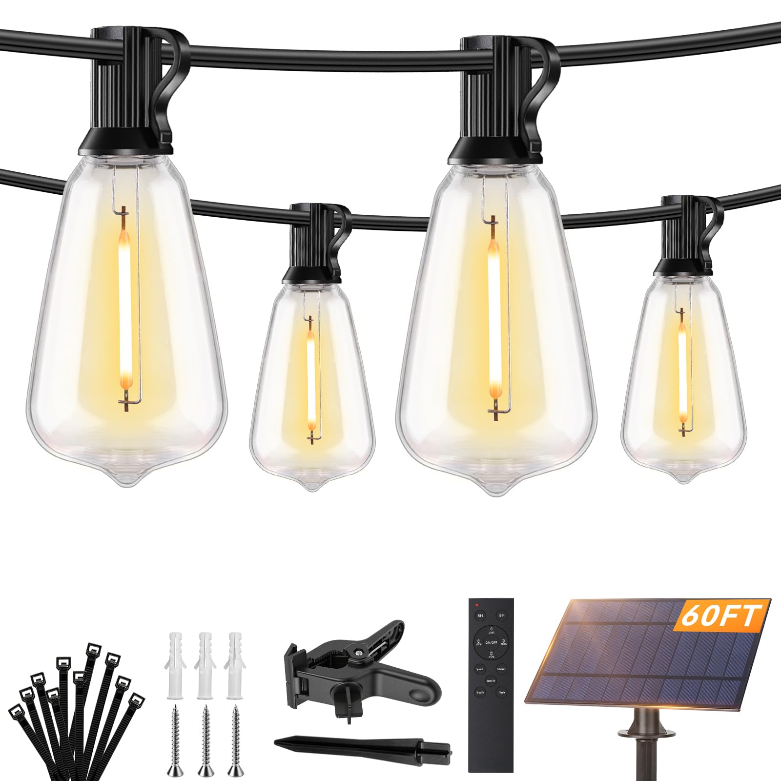 Brightever 60FT Solar String Lights Outdoor Waterproof, Patio Lights Solar Powered with Remote, 25+1 Shatterproof ST38 LED Bulbs