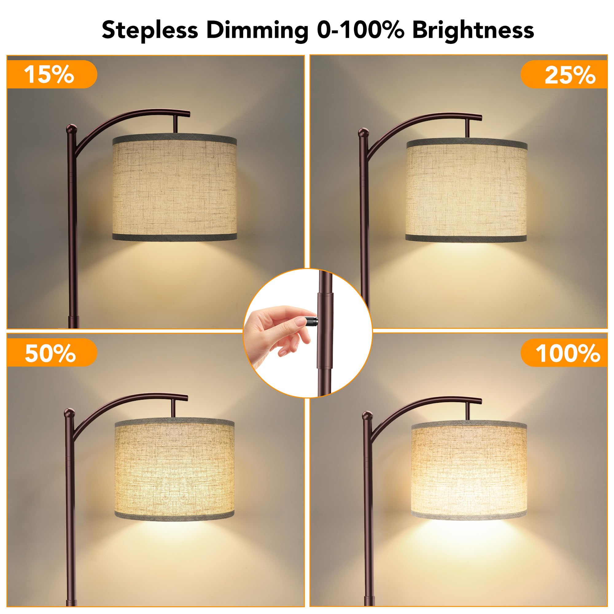 ROTTOGOON Dimmable Arc Floor Lamp, Iron Linen Shade, Tall Modern Design, Brown, Model ROFP089AZ1