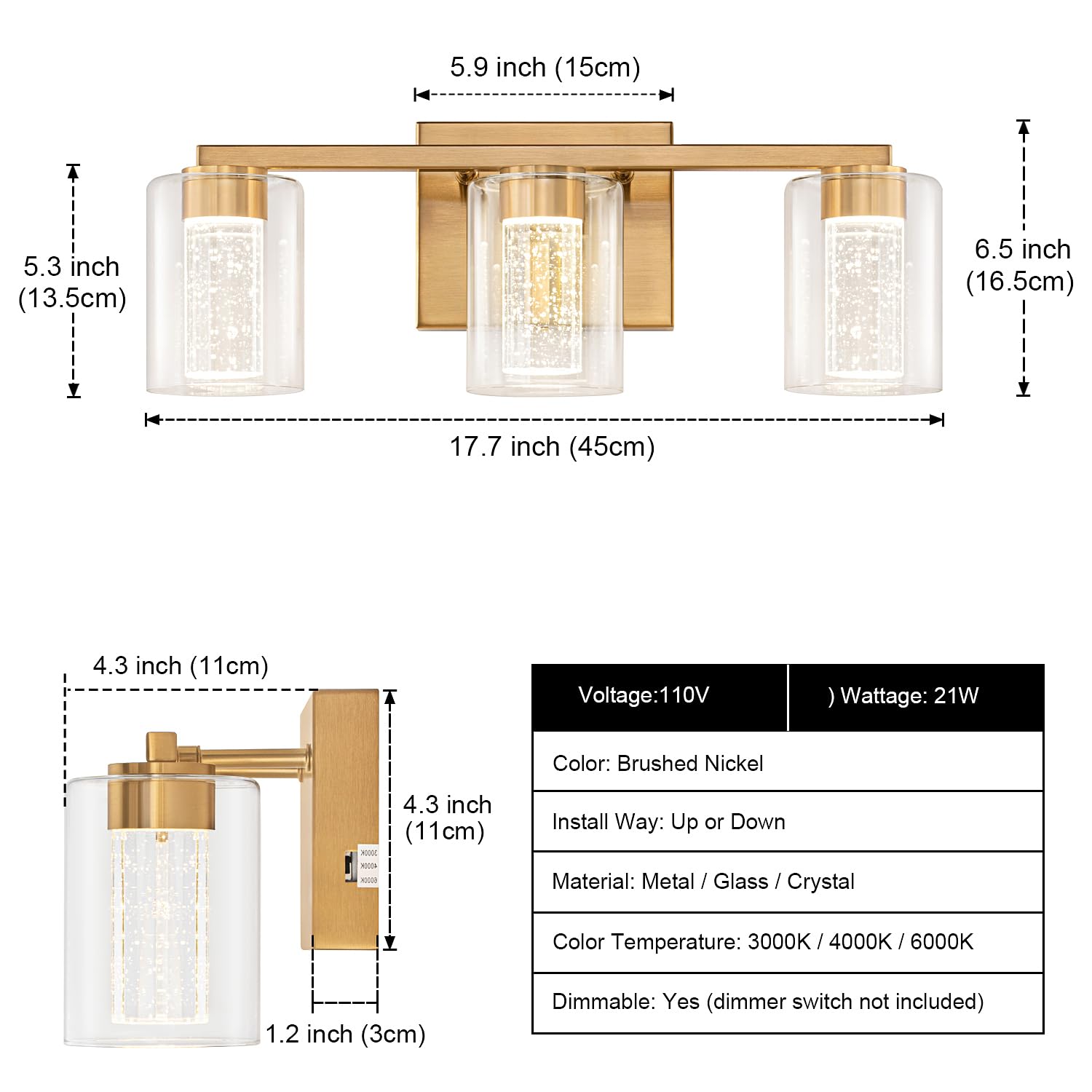 SineRise 3-Light Vanity Light, Dimmable LED, Gold, Eye Protection, Clear Glass Shade, Model 3676c136-a32e-409c-bd40-693cc