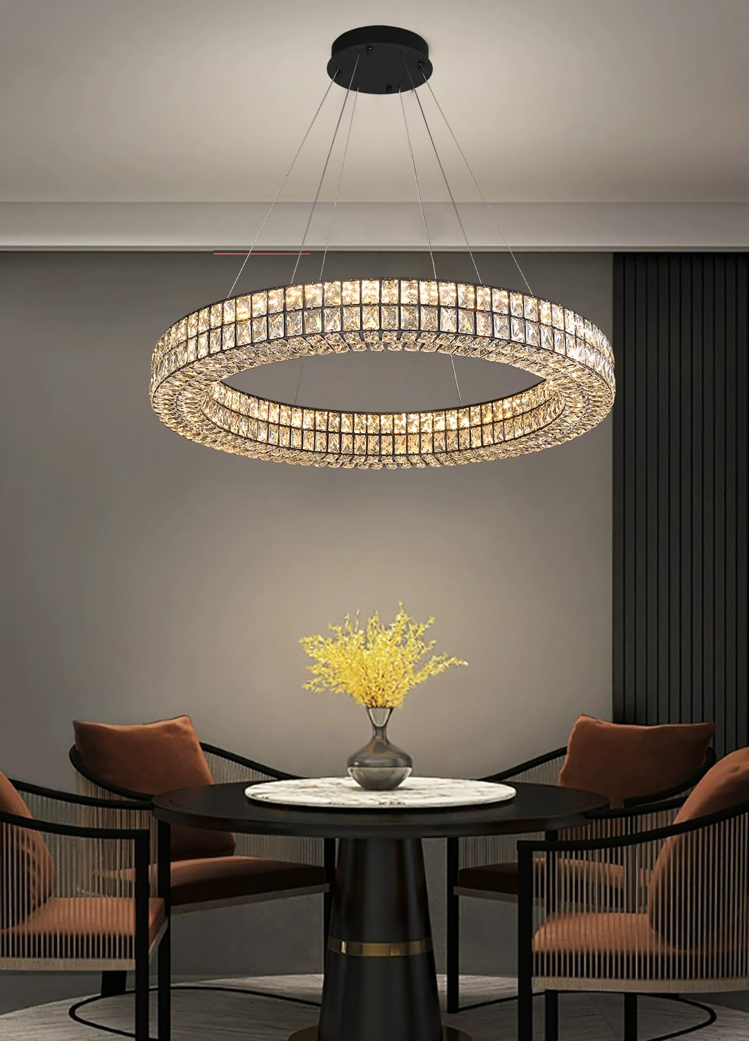 Idequy Modern 32 Inch Black Led Ring Chandelier Dimmable Crystal Chandelier For Living Room Dining Room Adjustable Ring Pendant