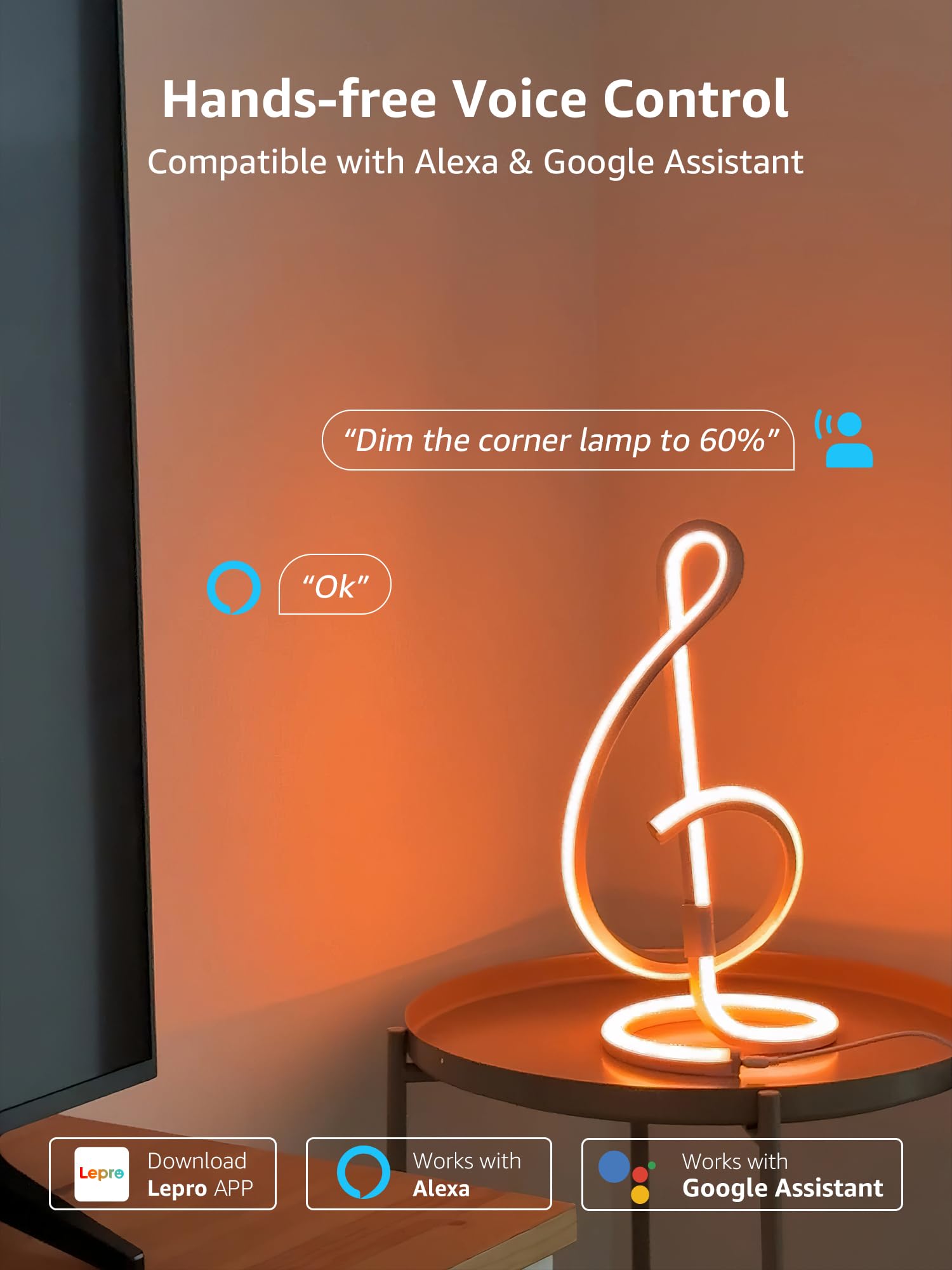 Lepro Tb2 Ai Smart Table Lamp, Rgb+Ic Addressable Led Lamp Alexa Google Enable, App Control Color Changing Modern Spiral Lamp No