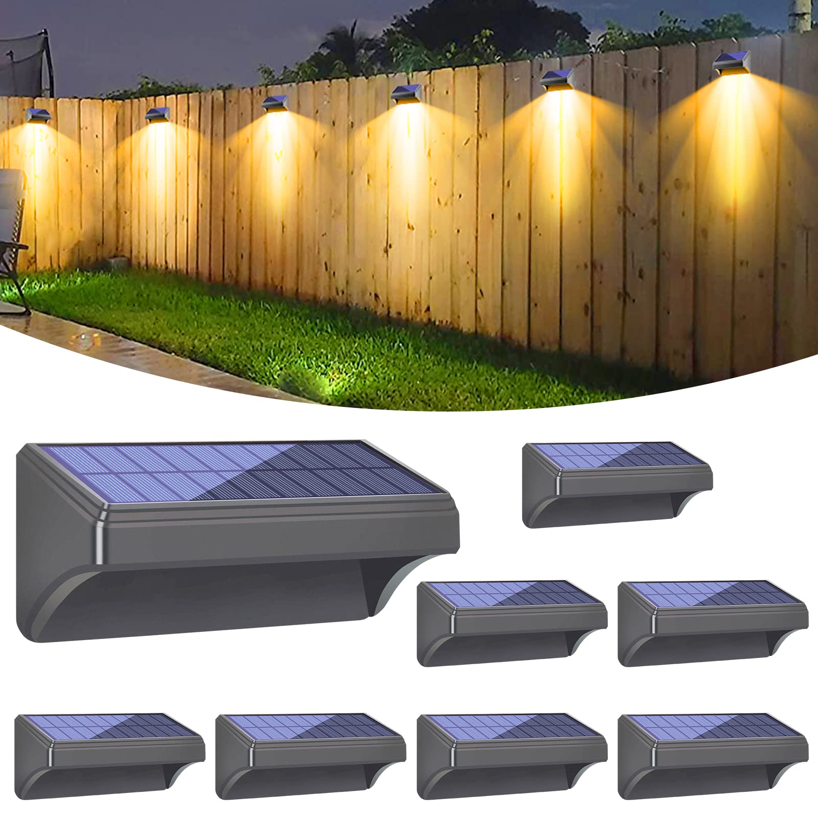 Bridika Solar Fence Lights  8 Pack Plus Size  Warm & RGB Color Changing  Outdoor Waterproof  100 Lumen  8 Specific Colors & 4 Switchable Modes  Ideal for Backyard  Patio  Deck  Fence