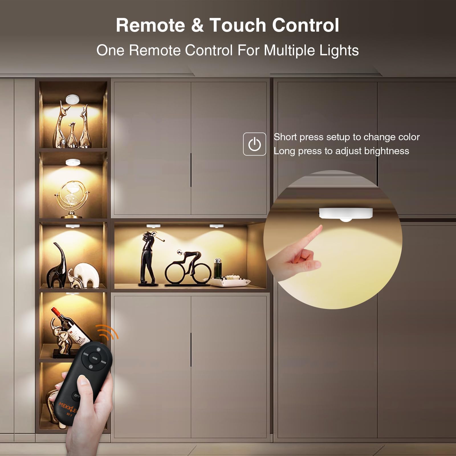 MEKKLEON Puck Lights - Wireless Under Cabinet Lighting, Rechargeable, White, 5 Pcs, 2000mAh Battery, Touch Control, Model M3-G18