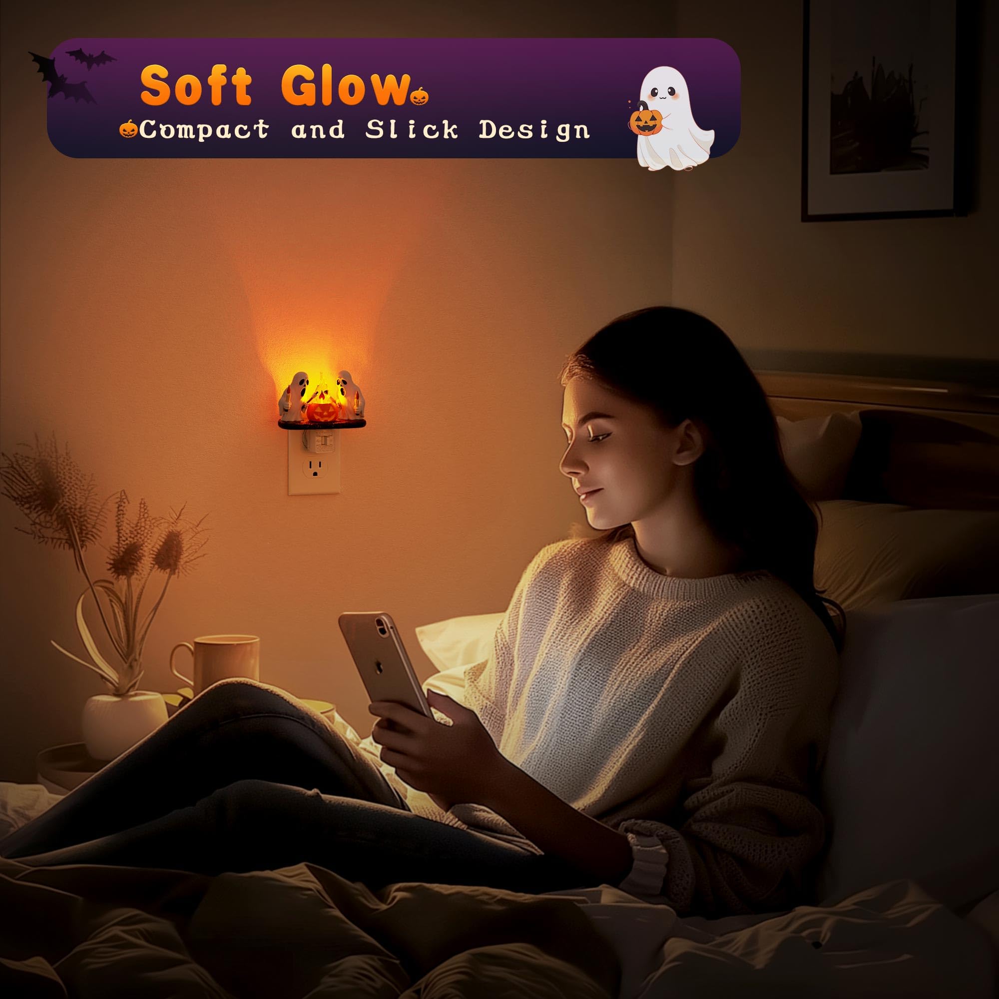 Halloween Night Light,Amber Night Lights Plug into Wall,Cute & Funny Flaming Jumping Night Light,Plug in Ghost & Pumpkin Nightli