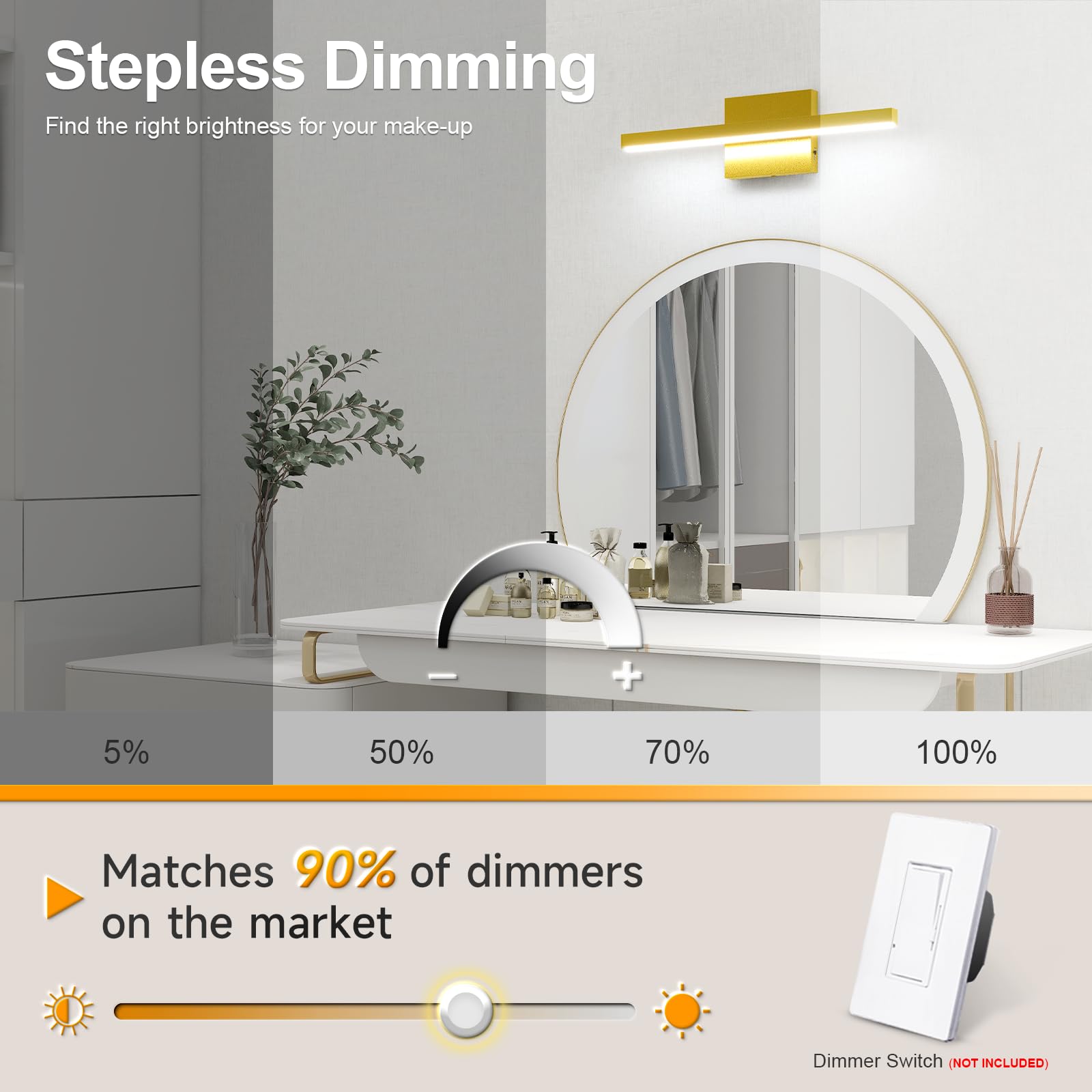 Volisun Modern Bathroom Vanity Light 15.7 Inch, 12W Dimmable 5Cct Led Bathroom Light Fixture Over Mirror, Gold Bar Vanity Light