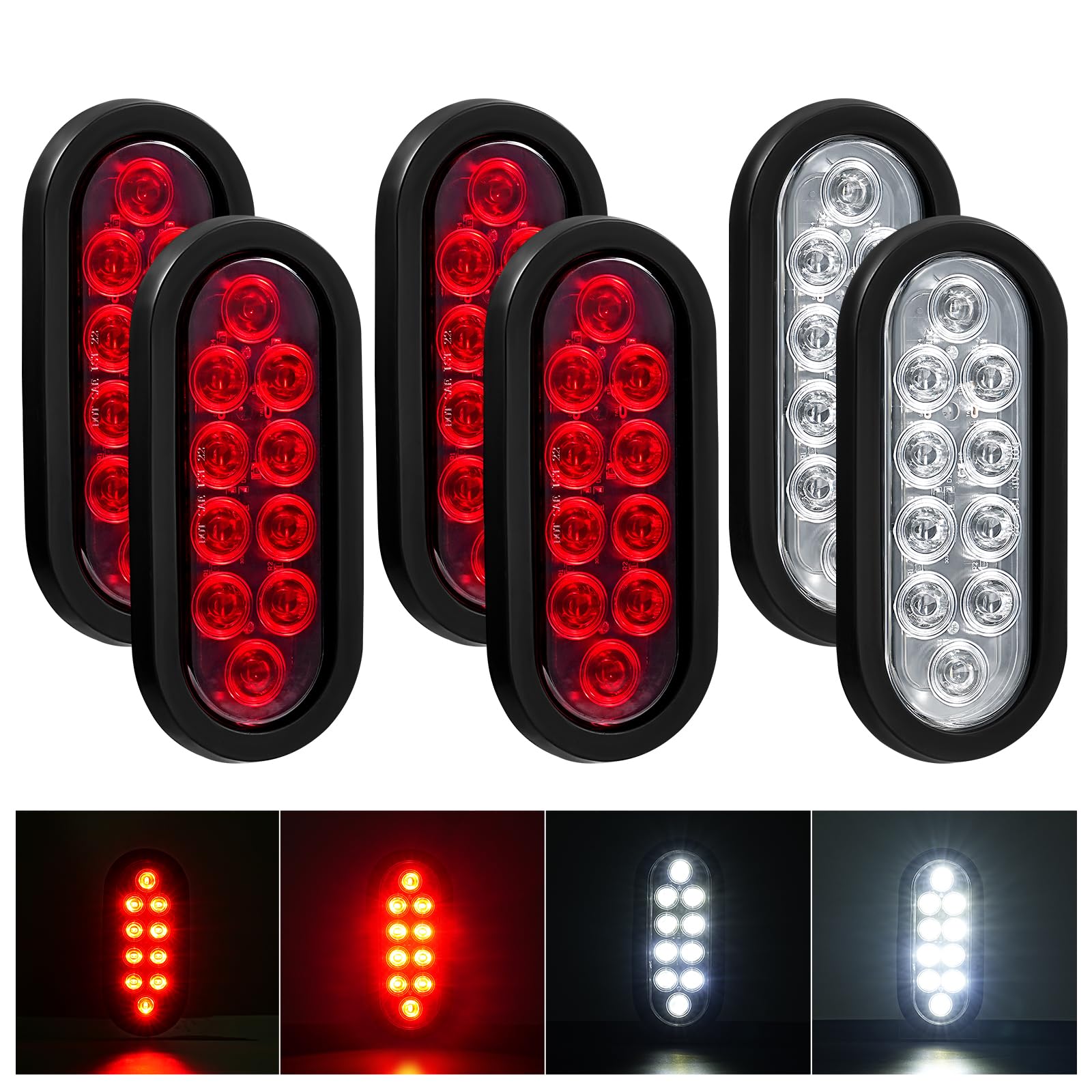 PVerandio 6Pcs 6 Inch Oval LED Trailer Lights Red and White 10 LED Tail Lights for Trucks RV Jeep 6  Oval LED Stop/Turn/Tail Lights w/ 3-pin Water Tight Plug & Flush Mount Grommets Sealed 12V