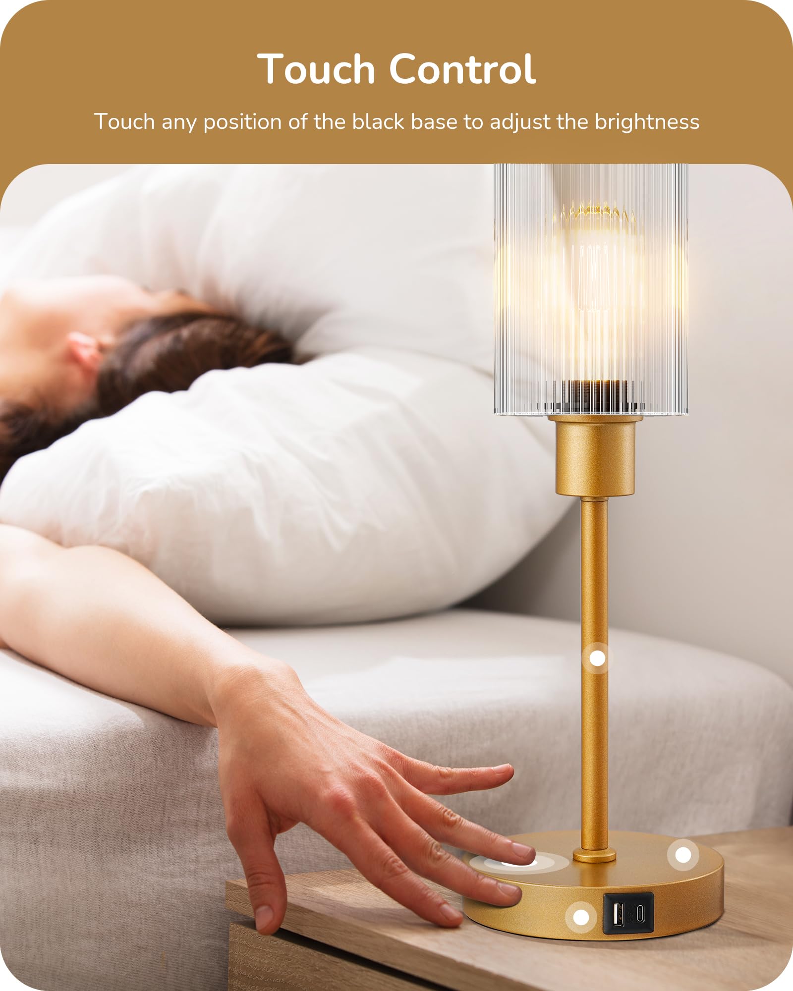 EDISHINE Glass Table Lamp - Touch Control, 3-Way Dimmable, USB C+A Ports, Striped Shade, Gold