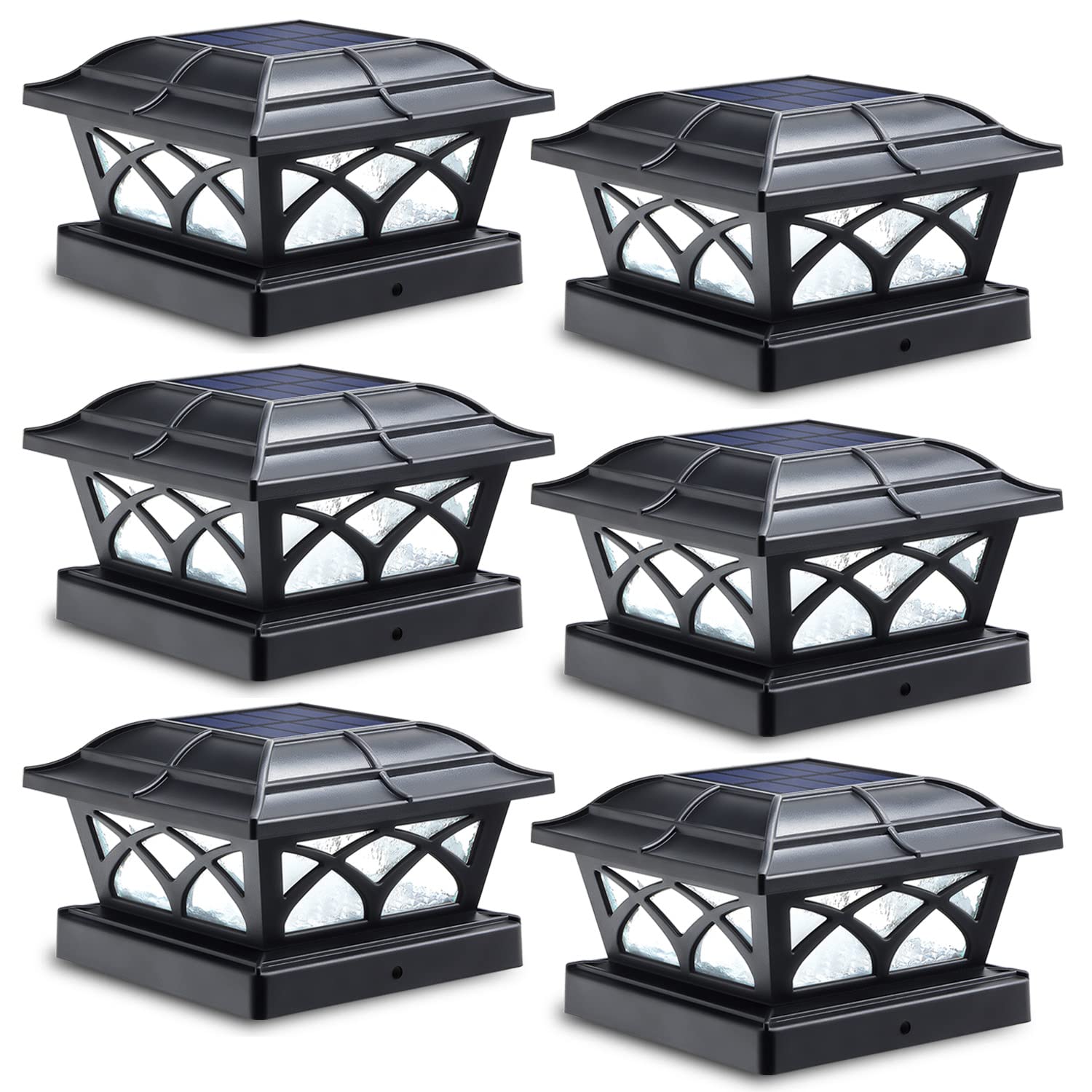SIEDiNLAR Solar Post Cap Lights, 8 LEDs, Glass, 2 Color Modes, Black, 6 Pack, Fits 4x4, 5x5, 6x