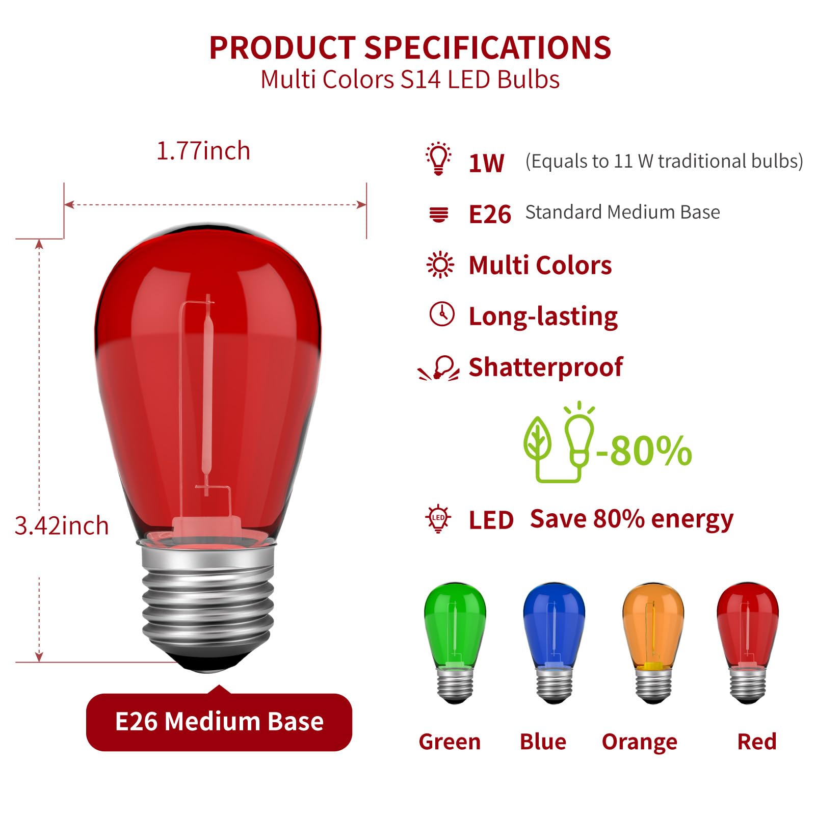 Visterlite S14 Colored Led String Light Bulbs, 1 Watt Plastic Shatterproof Led Replacement Bulbs For Indoor Outdoor Patio String