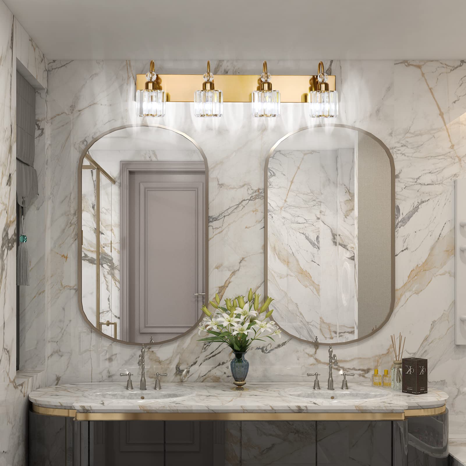 Ralbay 4-Light Brass Gold Crystal Vanity Lights - Modern Bathroom Wall Lighting Fixtures