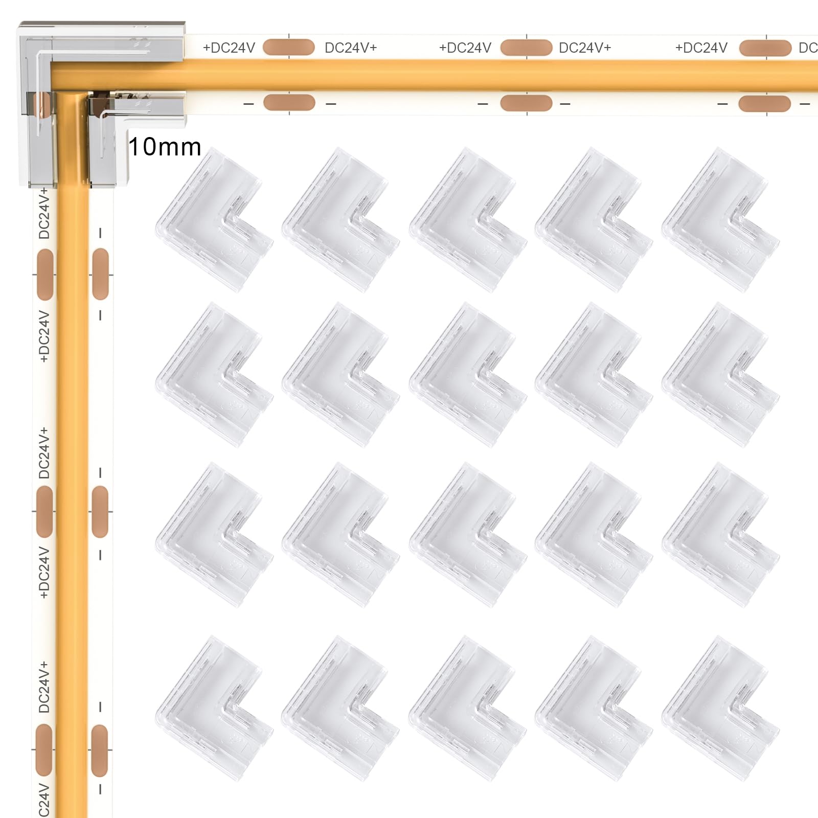 VISDOLL 10mm 2Pin COB LED Light Strip Connectors 20pcs L-Shaped/Corner Connector Transparent Gapless LED Tape Light Connectors, 