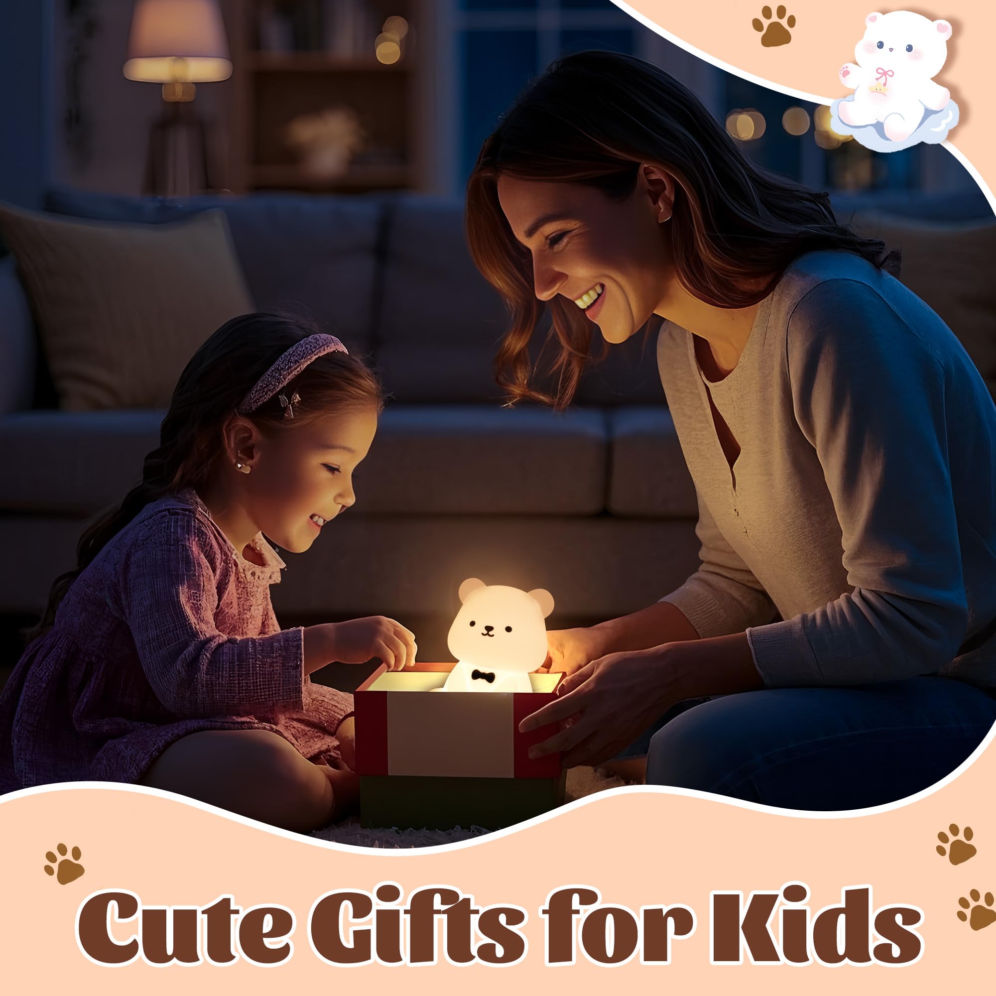 Attivolife Teddy Bear Night Light For Kids  Baby Nursery Beside Silicone Lamp  Protable Usb Rechargeable Kids  Bedroom Nightlight With 8 Color Lights  Birthday Christmas Gifts For Girl Boy Children
