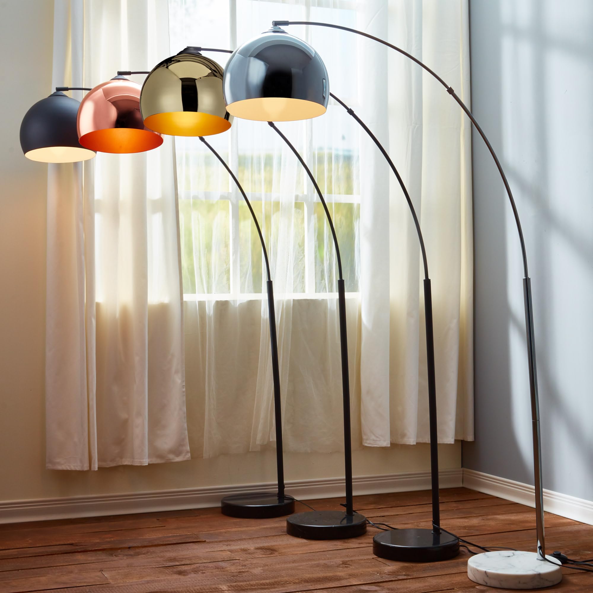 Teamson Home Arc Floor Lamp, 66.93in Iron, Black Faux Marble Base, Black Bell Shade, Model VN-L00013