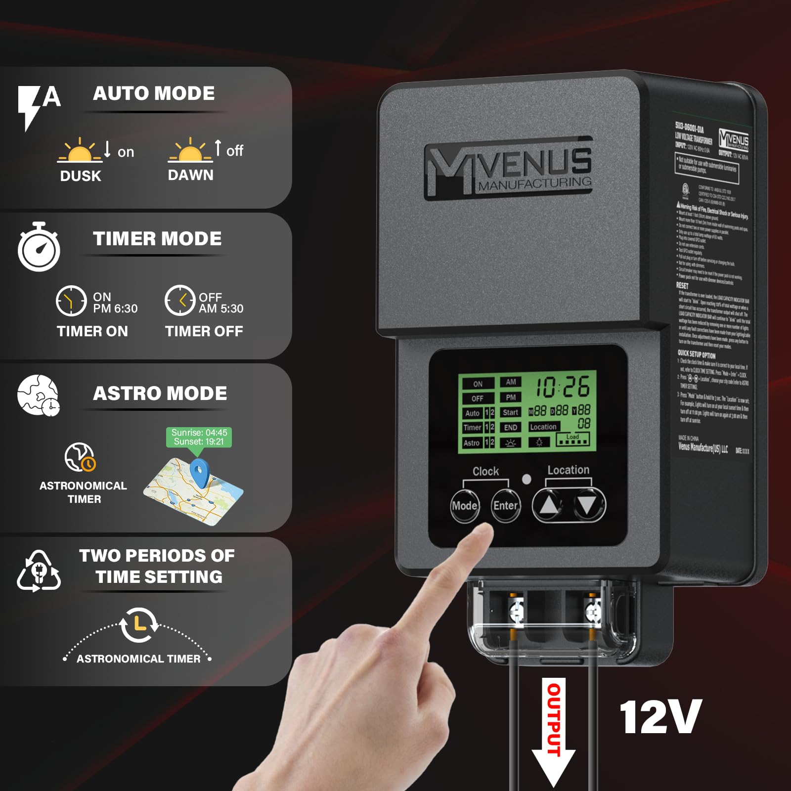 Venus Manufacturing Outdoor Low Voltage Transformer 60W Landscape Lighting Transformer With Timer And Built-In Photo Sensor 120V Ac To 12V Ac For Led Spotlight, Pathway Garden Lighting