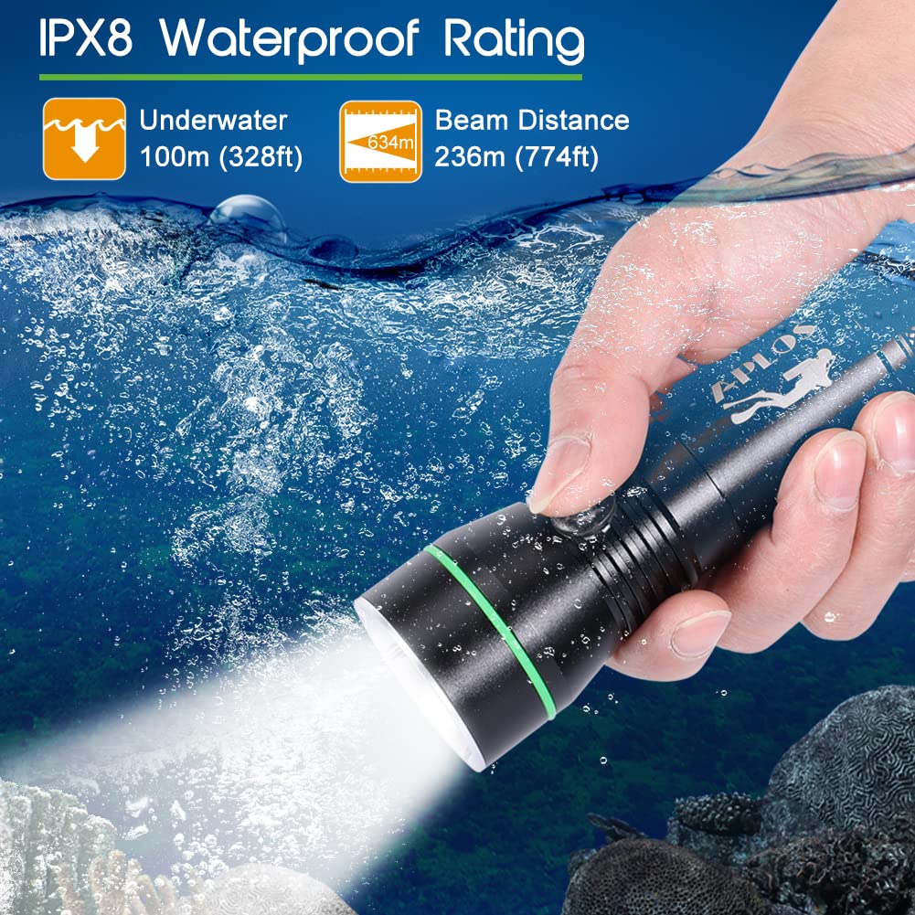 APLOS AP30 3000lm Diving Flashlight - IPX8 Waterproof, Aluminum, Black, 3 Modes, Rechargeable