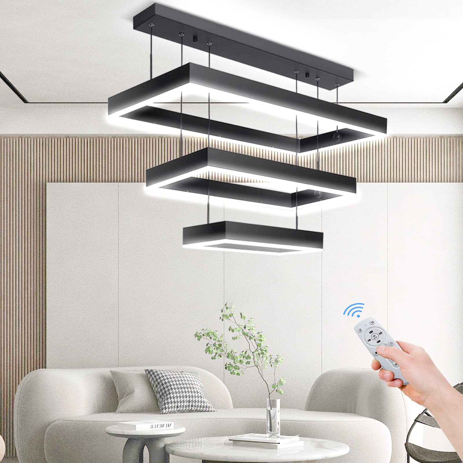 Modern Chandelier,Modern Led Chandelier,3 Rings Rectangle Chandelier for Living Room,Adjustable Height, Luxury Foyer Chandelier 