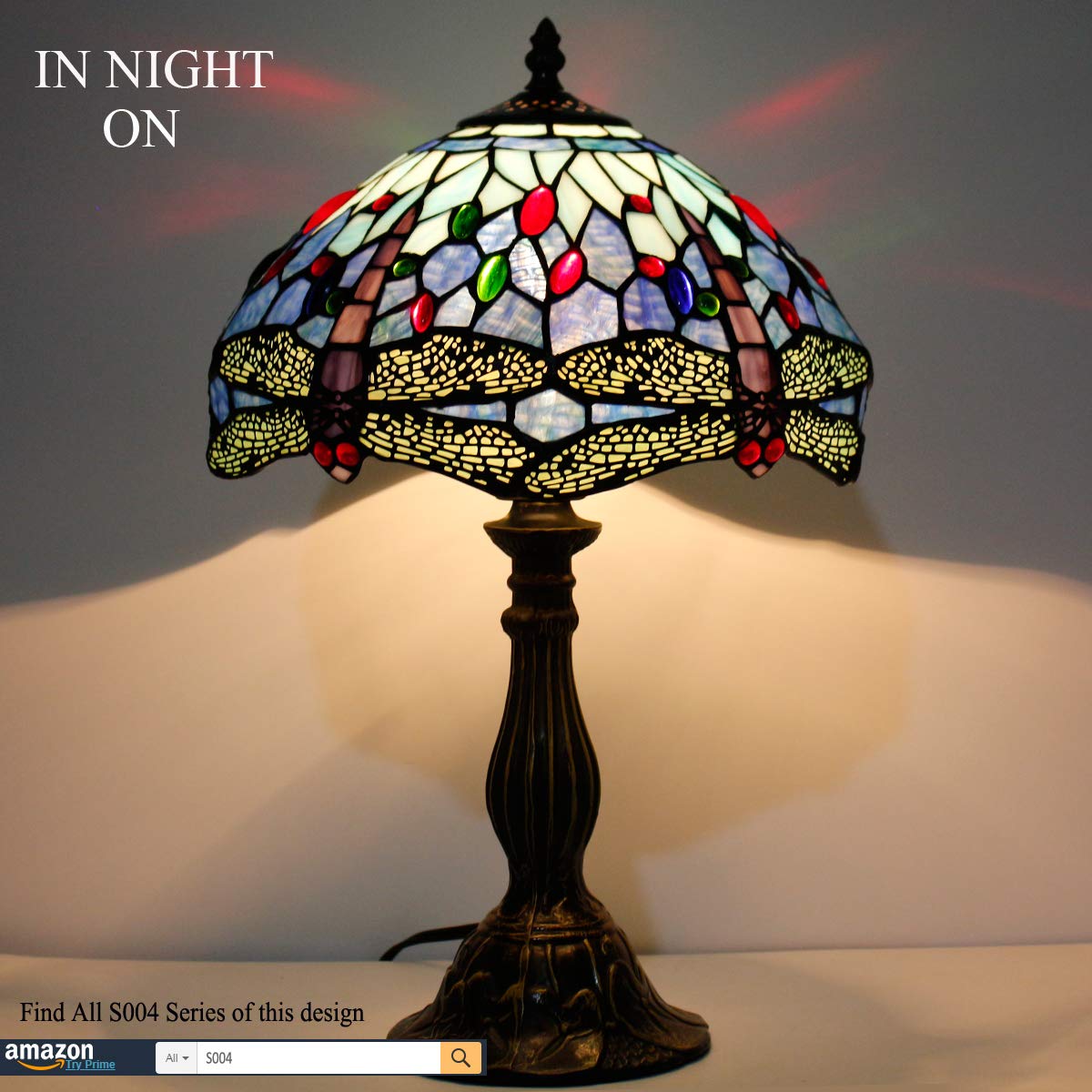 WERFACTORY Tiffany Table Lamp, Blue Stained Glass, 12X12X18 Inches, Dragonfly Style for Bedroom, Living Room, Home Office