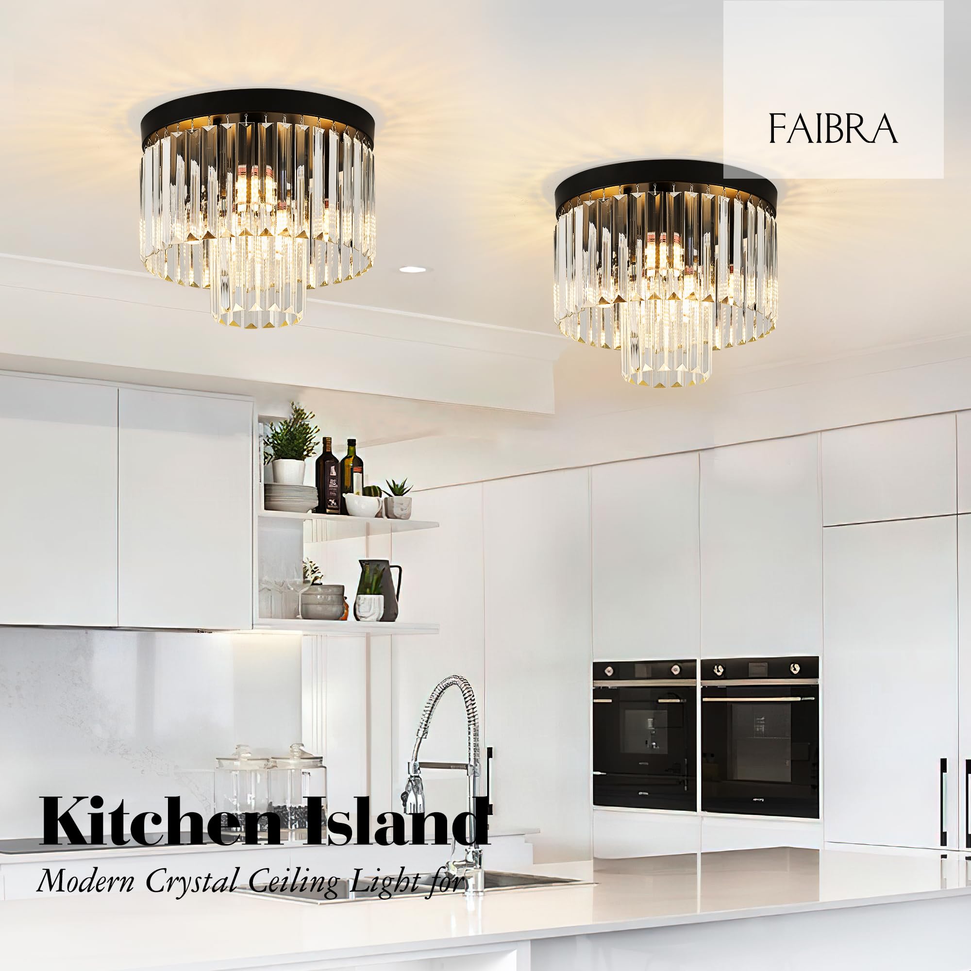 Faibra 12.6'' Black Crystal Ceiling Light 4-Light Modern Fixture 2-Tier Luxury K9 Crystal, For Dining Room Kitchen Island Living