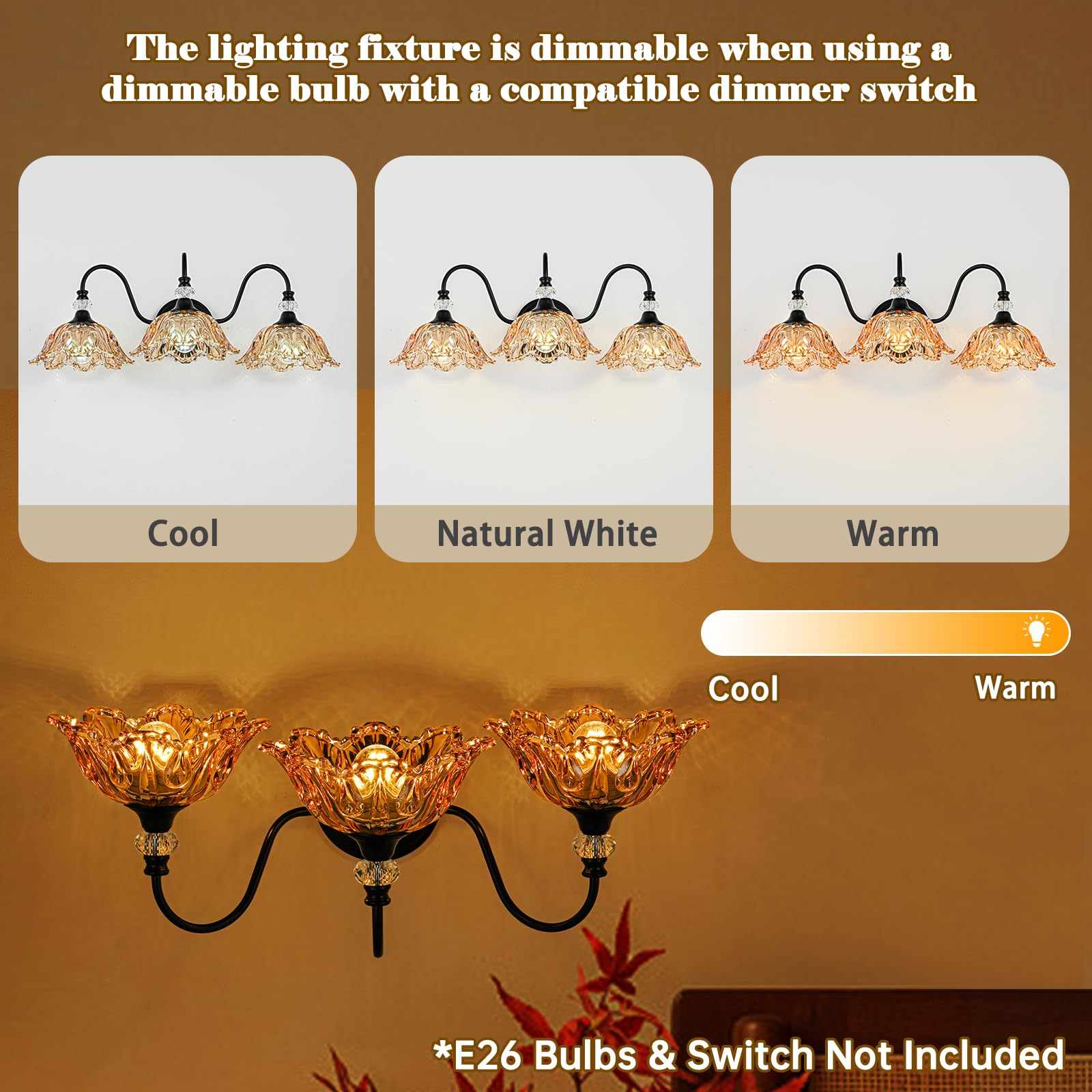 sunkryster 3-Light Bathroom Vanity Light, Black & Amber Floral Glass Shades, Vintage Farmhouse Wall Mount, Model Sun-104AB-3-Black-Amber